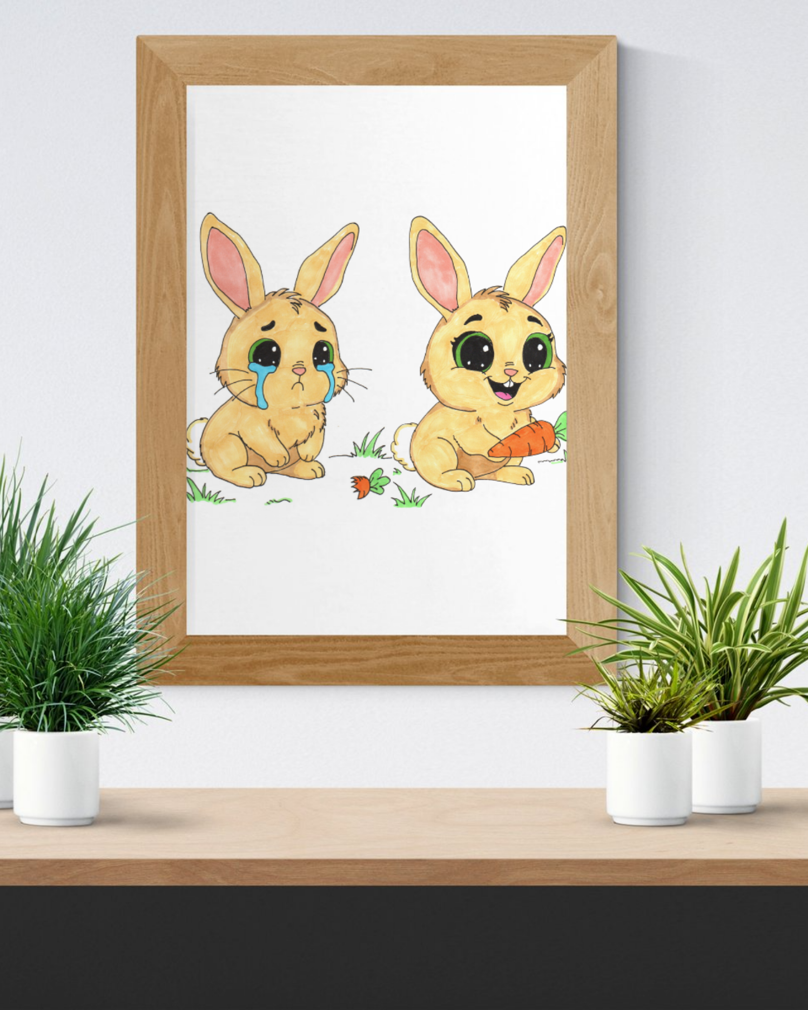 Sad to Happy Rabbit Carrot Story Print, Cute Bunny Wall Art, Hand Drawn Nursery Decor