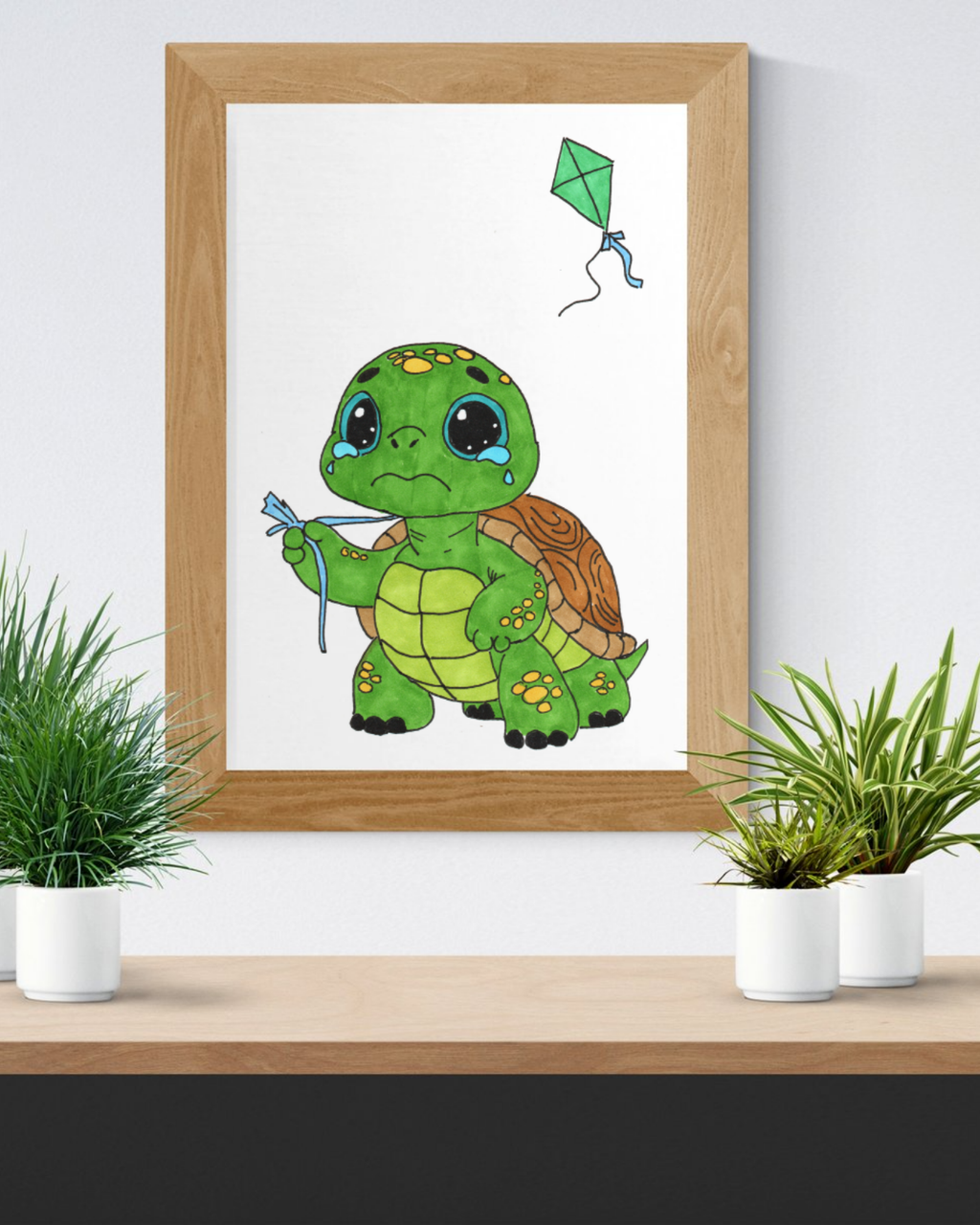 Sad Turtle Lost Her Kite Print, Hand Drawn Turtle Wall Art, Whimsical Nursery Decor, Woodland Animal Illustration