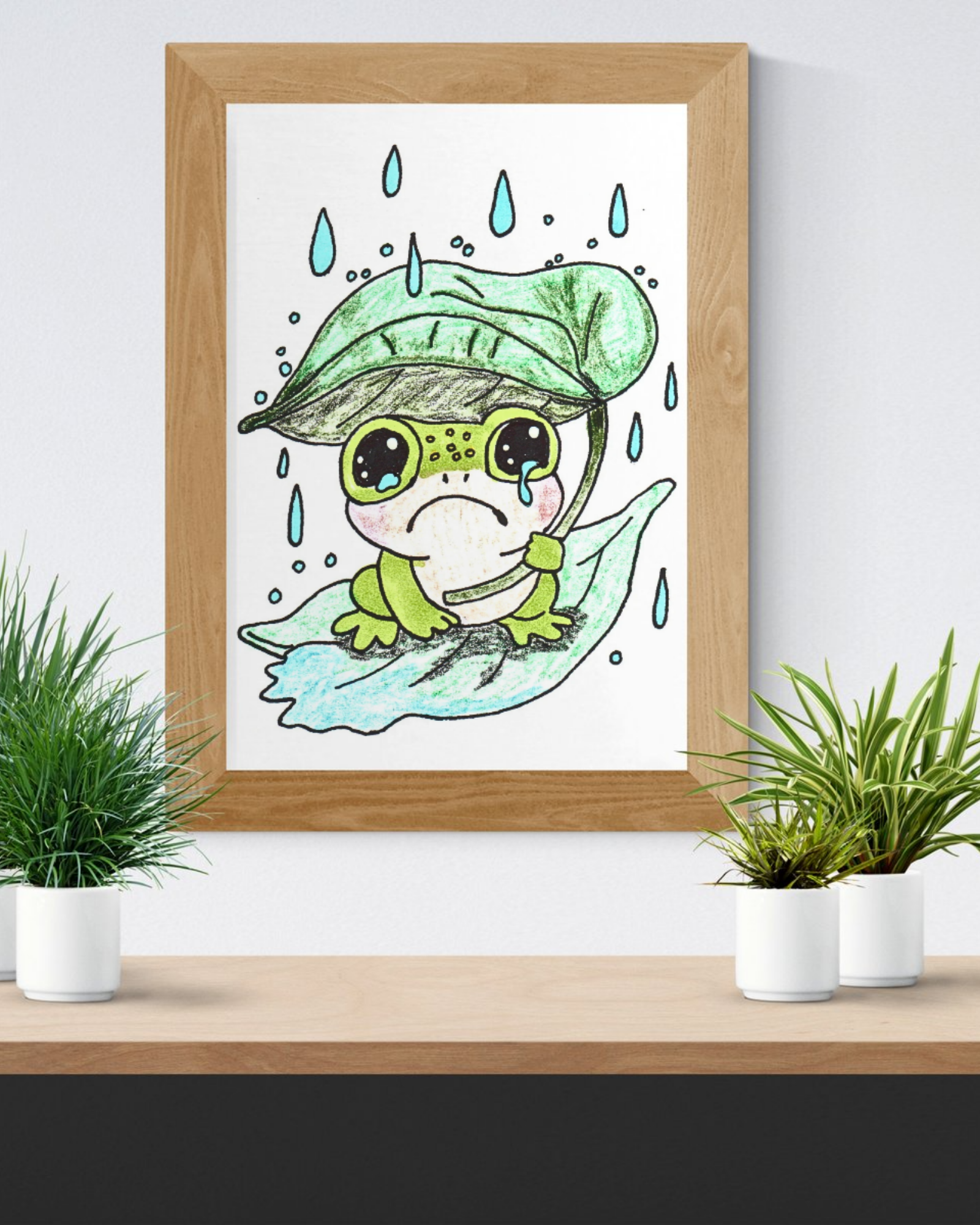 Sad Frog with Leaf Umbrella Print, Hand Drawn Frog Wall Art, Rainy Day Nursery Decor, Whimsical Frog Illustration