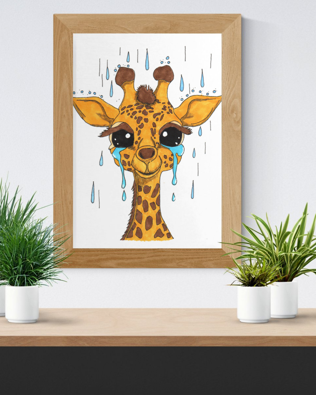 Sad Giraffe in the Rain Poster, Nursery Wall Art, Cute Animal Illustration Print