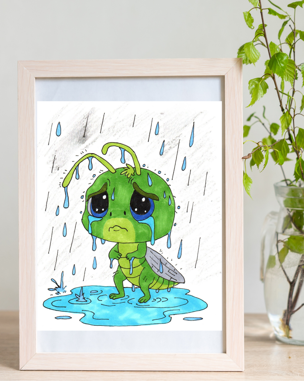 Sad Grasshopper Rain Print | Hand Drawn Nature Wall Art | Emotional Insect Illustration | Whimsical Woodland Decor | 8x10 Art Print | 8 X 10