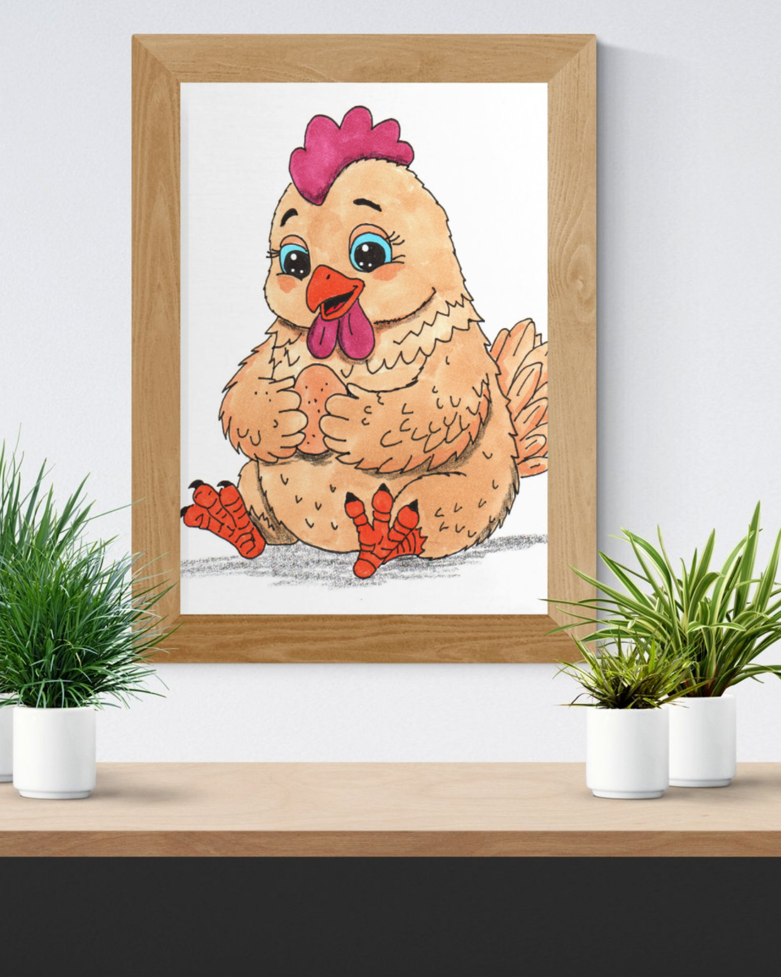 Hen Found Her Egg Print, Hand Drawn Chicken Wall Art, Farm Animal Nursery Decor, Happy Hen Illustration