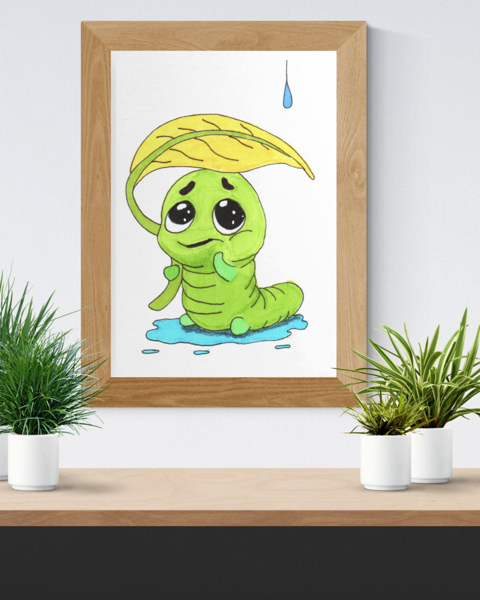 Leaf Umbrella Inchworm Pondering Print, Hand Drawn Rain Critter Art,
