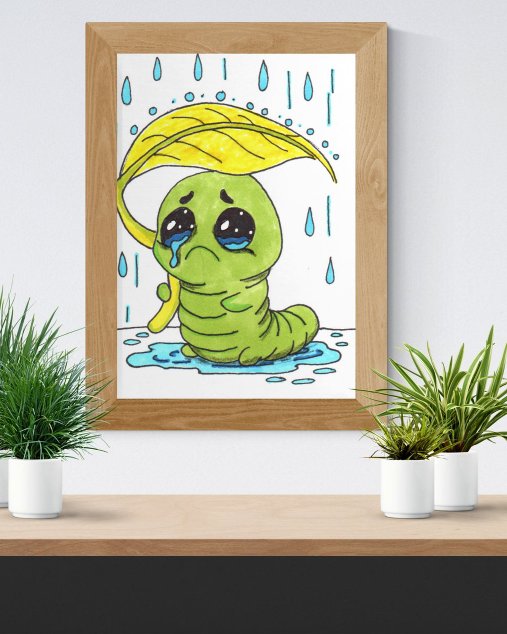 Sad Inchworm Rain Print, Hand Drawn Caterpillar Nursery Wall Art