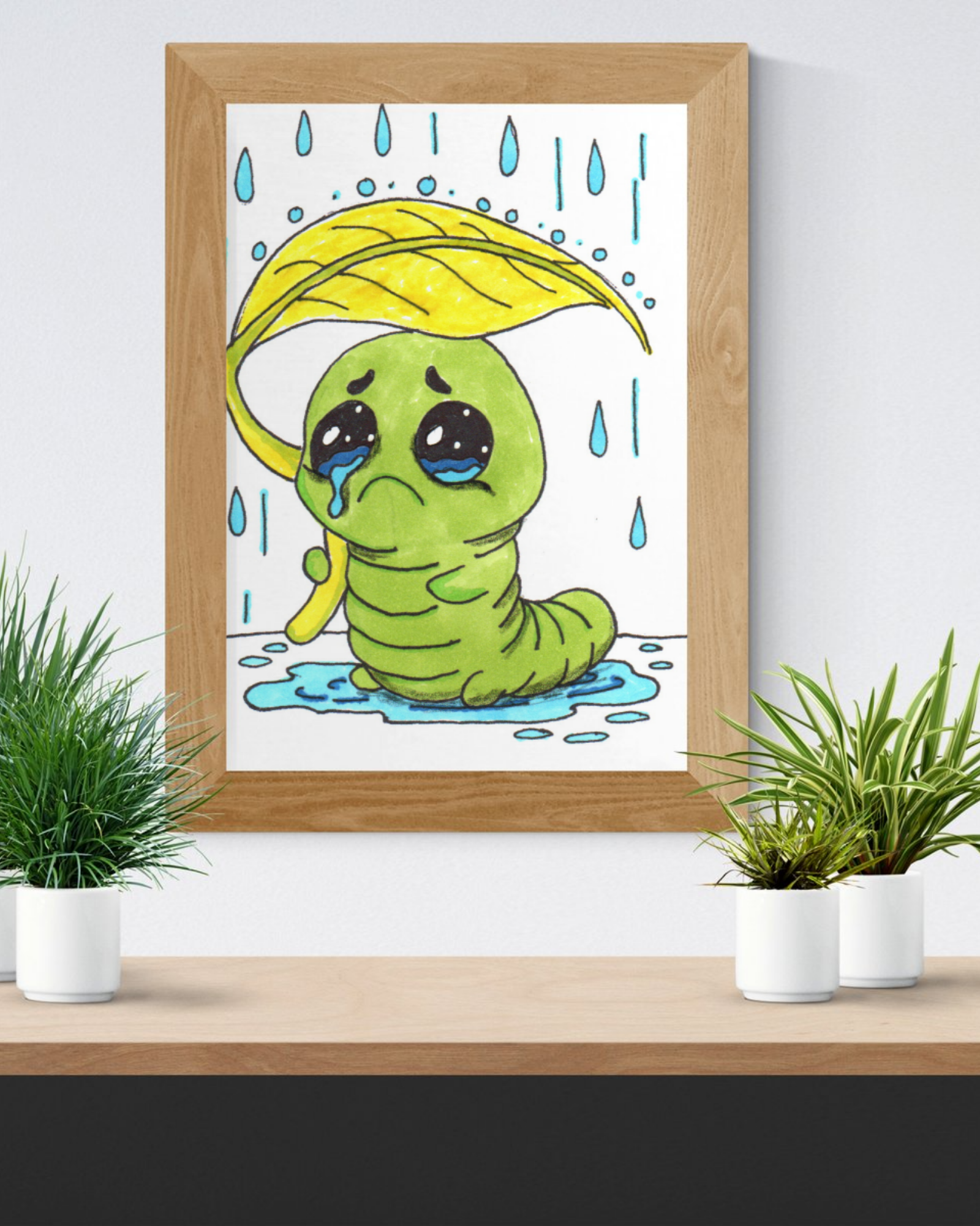 Sad Inchworm Rain Print, Hand Drawn Caterpillar Nursery Wall Art