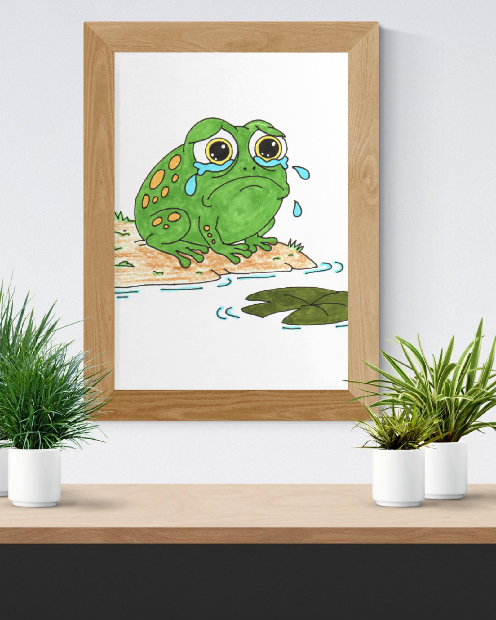 Lilly Pad Lost Frog Sad Wall Art - Hand Colored Sad Frog Illustration - Pond Animal Print - Nursery Decor - 8x10 Art Print