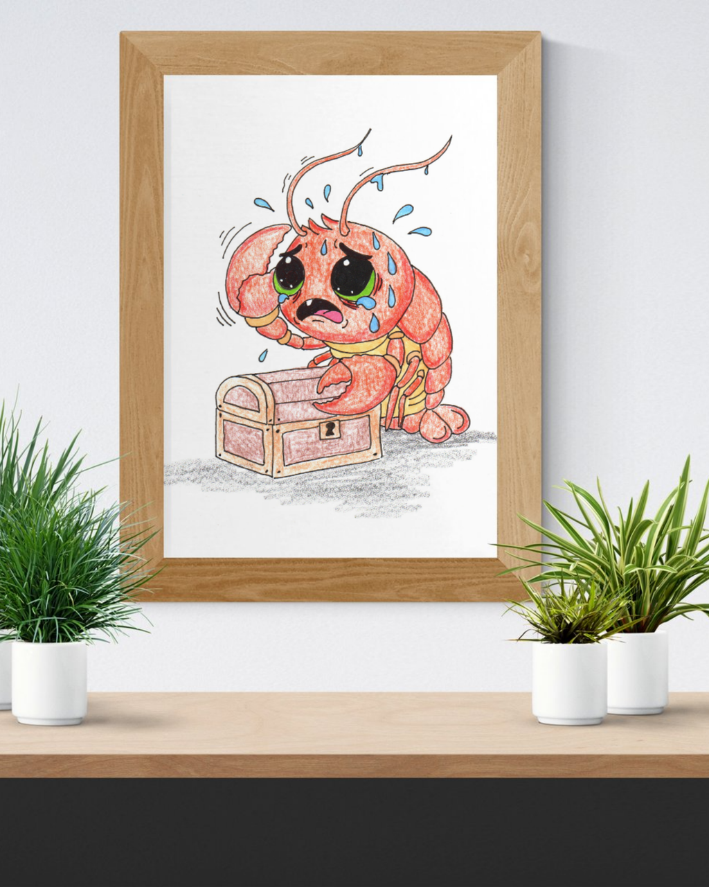 Lobster Lost Her Treasure Key Print, Hand Drawn Nursery Wall Art, Cute Ocean Critter Illustration, Lost & Found Critters Decor