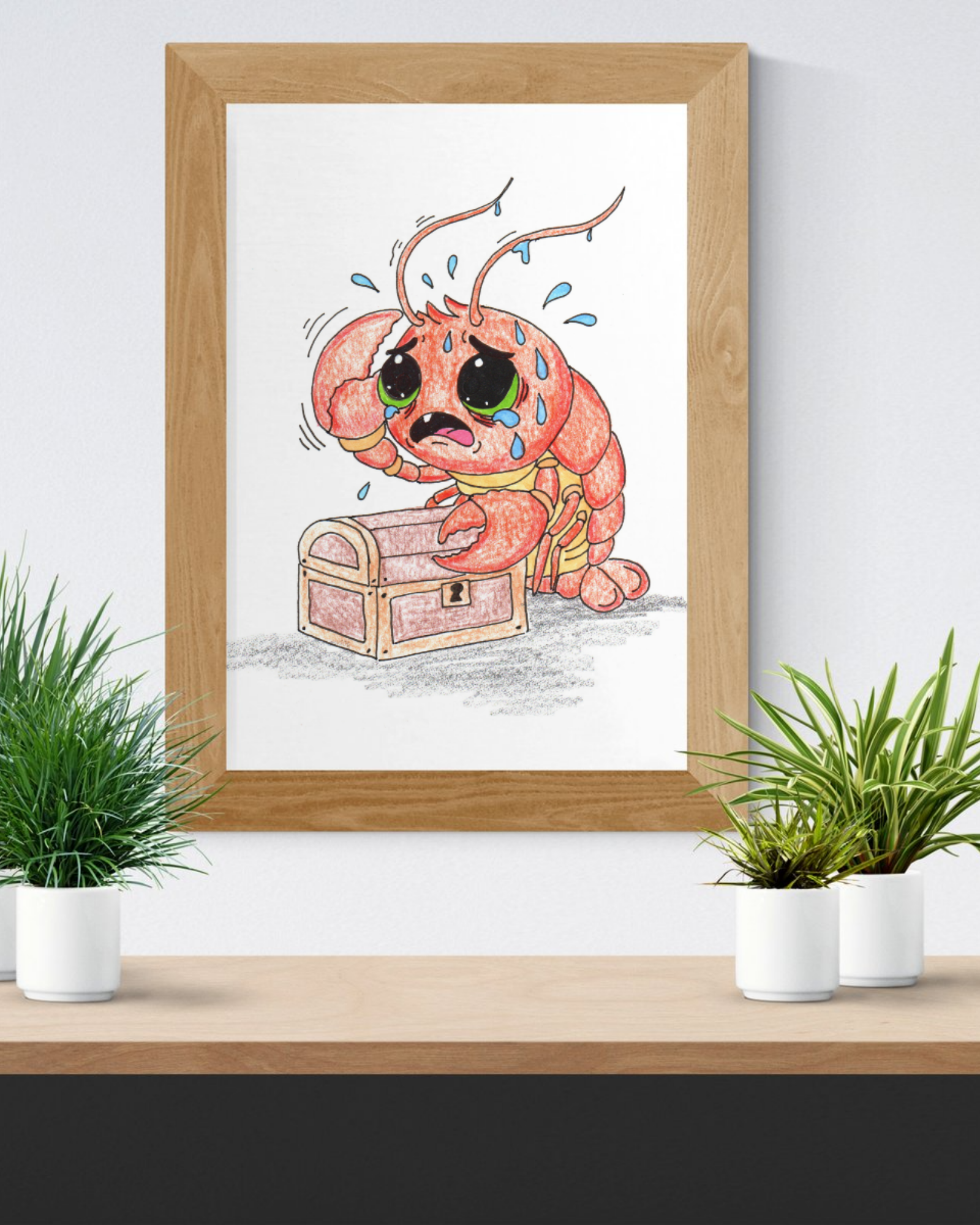 Lobster Lost Her Treasure Key Print, Hand Drawn Nursery Wall Art, Cute Ocean Critter Illustration, Lost & Found Critters Decor