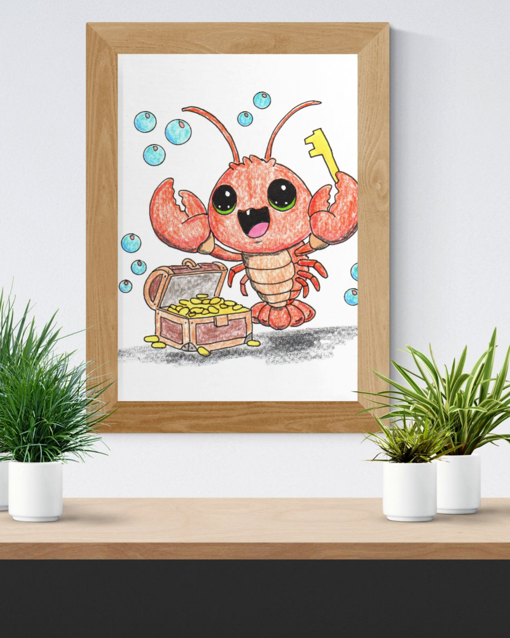 Lobster Found Her Treasure Key Print, Cute Lobster Illustration, Lost & Found Critters Decor
