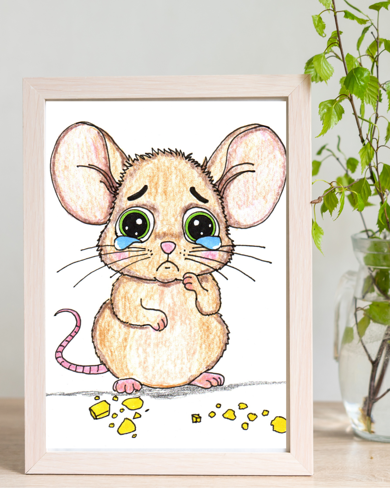 Mouse Looking for Cheese - Cute Mouse Wall Art Print - Hand Colored Nursery Decor - Children's Room Artwork
