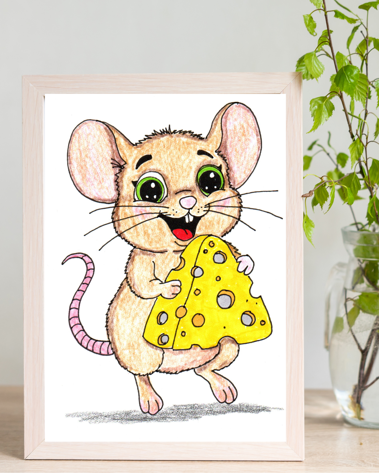 Mouse Found the Cheese - Cute Mouse Wall Art Print - Hand Colored Nursery Decor - Woodland Animal Illustration