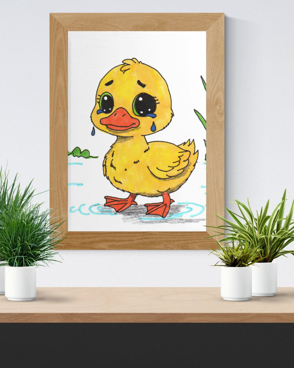 Sad Duckling Lost Her Mama Art Print | Hand Drawn Duckling Wall Decor | Emotional Animal Artwork