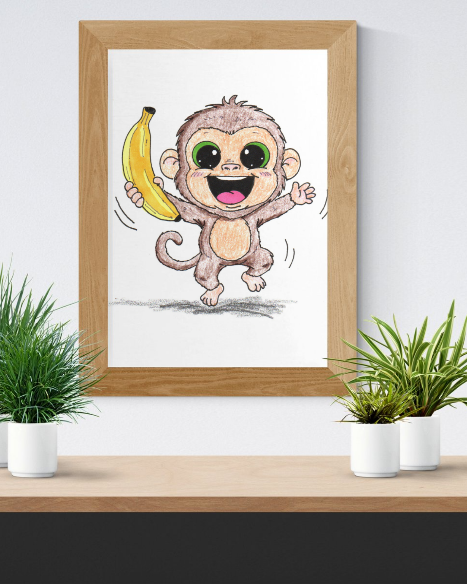 Happy Monkey With Banana Print | Cute Monkey Wall Art | Lost & Found Critter Illustration