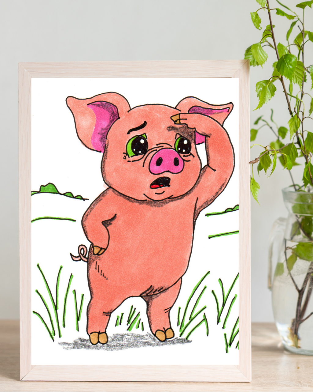 Hand Drawn Pig Looking for Mud Print, Cute Farm Animal Wall Art, Nursery Decor, Pig Illustration, 8x10 Children's Room Art