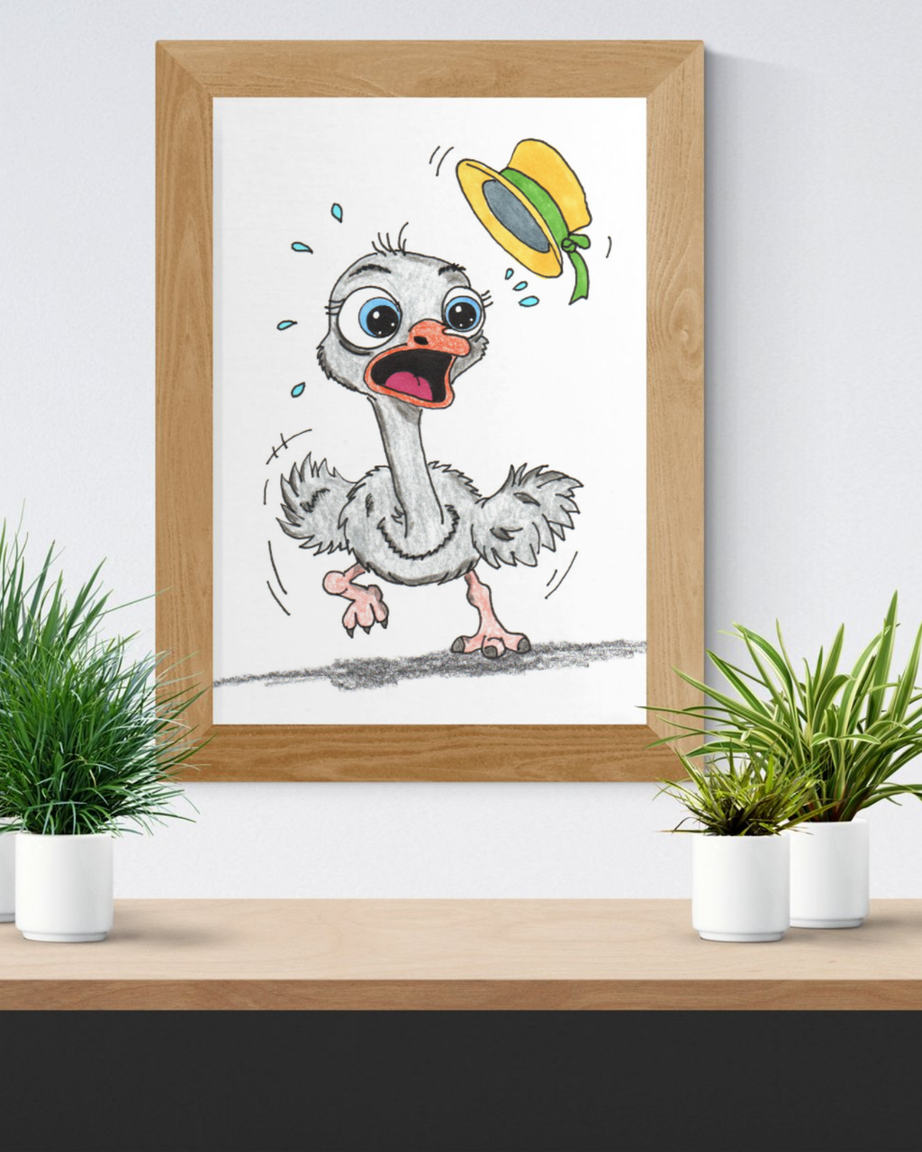 Lost Hat Ostrich Print | Funny Bird Wall Art | Hand Drawn Ostrich Illustration