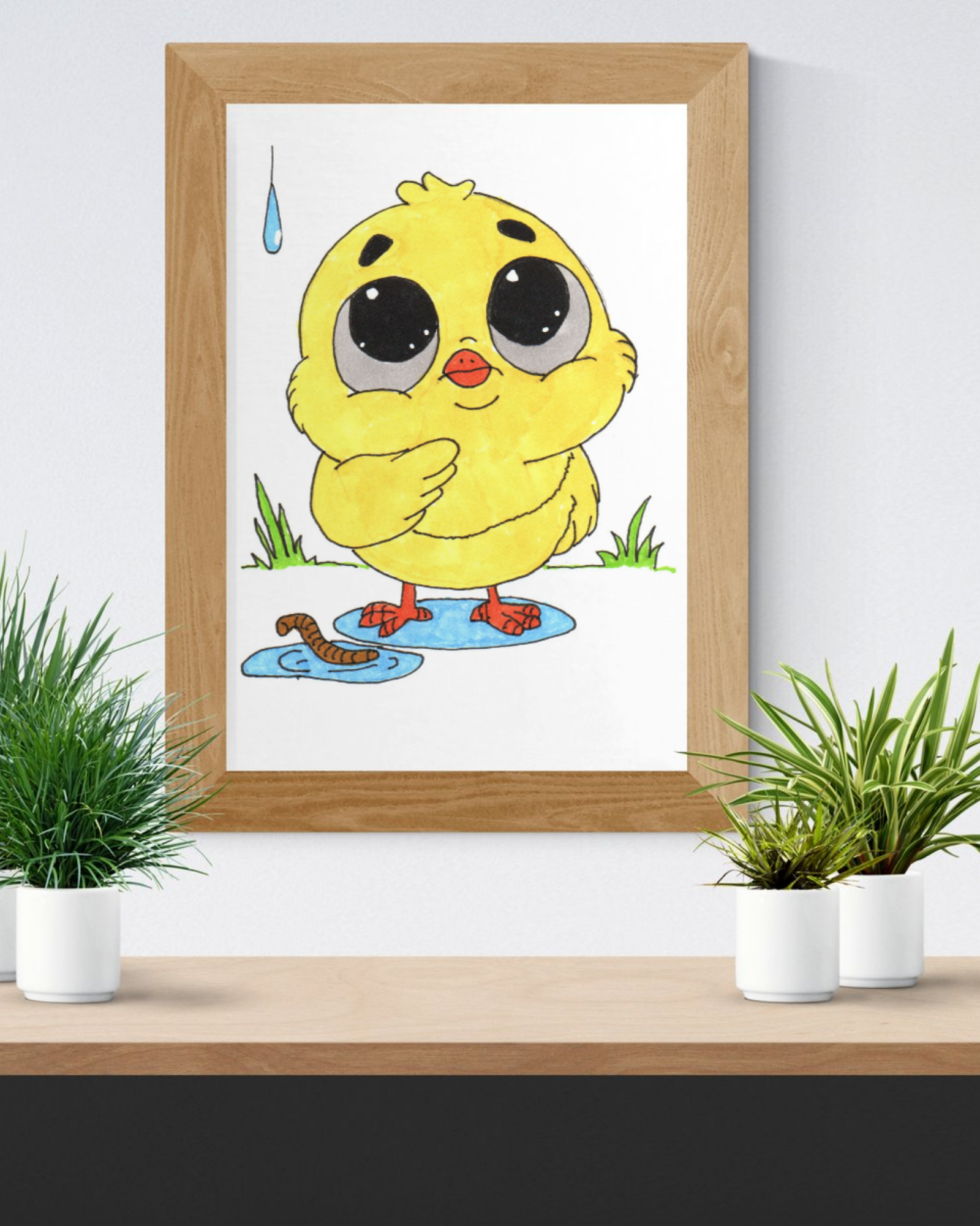 Pondering Chick in the Rain Poster, Nursery Wall Art, Cute Animal Illustration Print