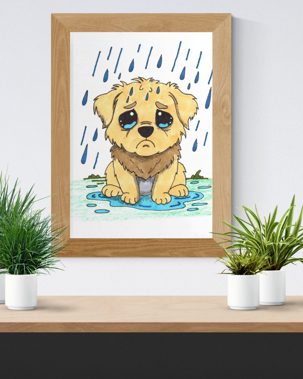 Sad Puppy in the Rain Art Print | Hand Drawn Puppy Wall Decor | Emotional Animal Artwork | Lost & Found Critter Poster