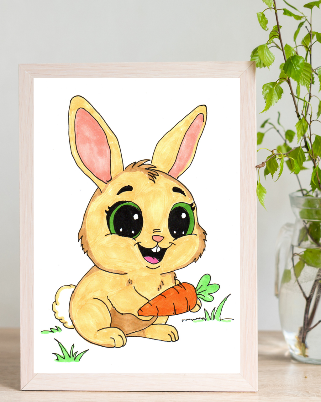 Happy Rabbit with Carrot Print, Cute Bunny Wall Art, Hand Drawn Nursery Decor