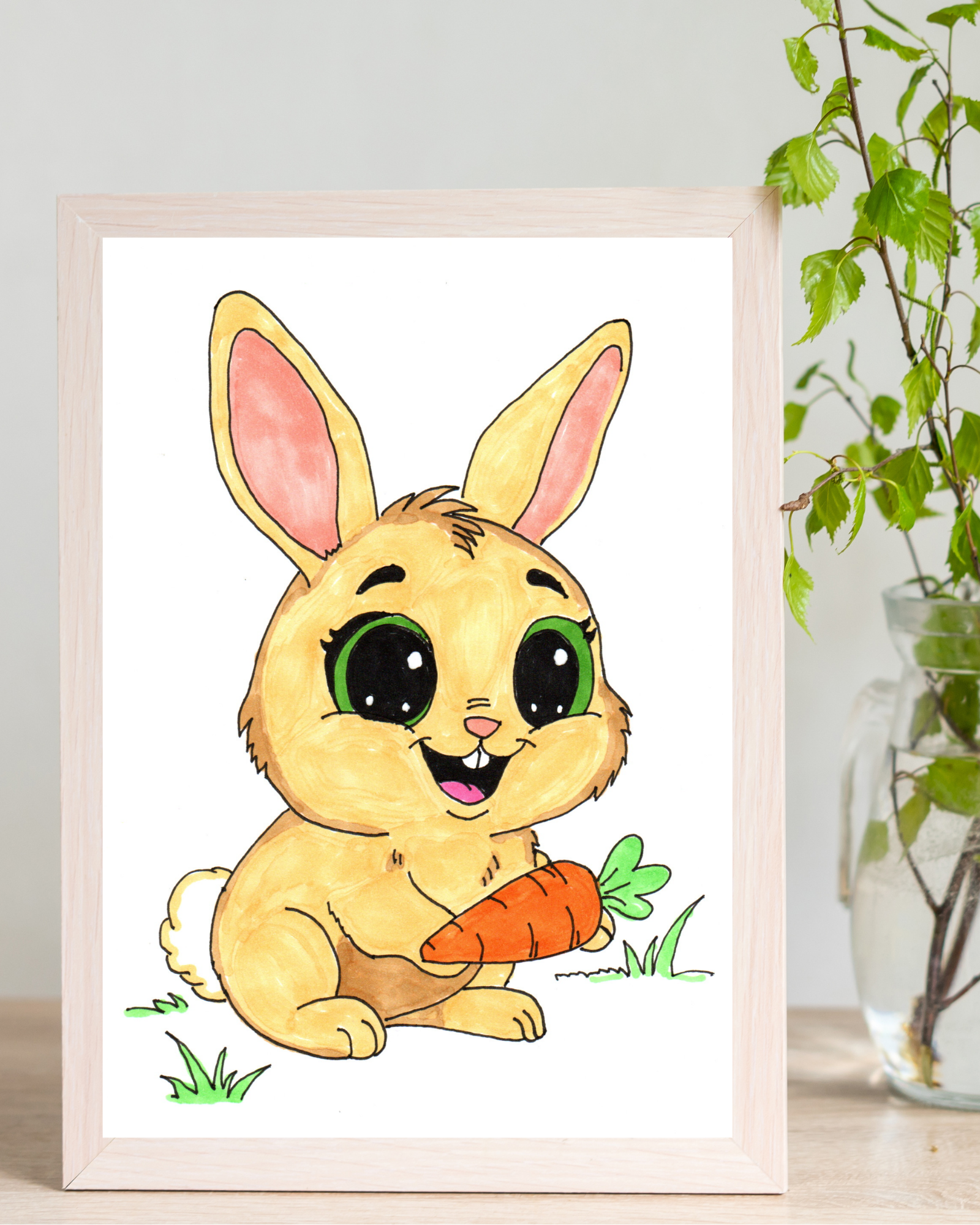 Happy Rabbit with Carrot Print, Cute Bunny Wall Art, Hand Drawn Nursery Decor