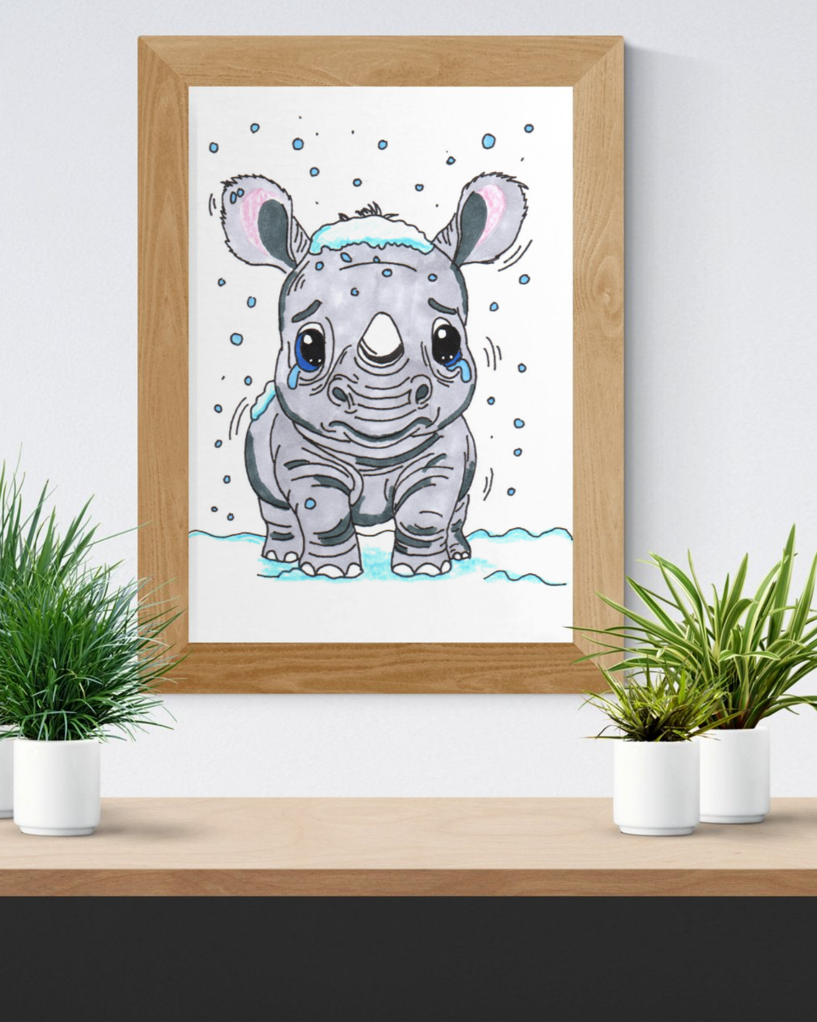 Sad Rhino in the Snow Poster, Nursery Wall Art, Cute Animal Illustration Print