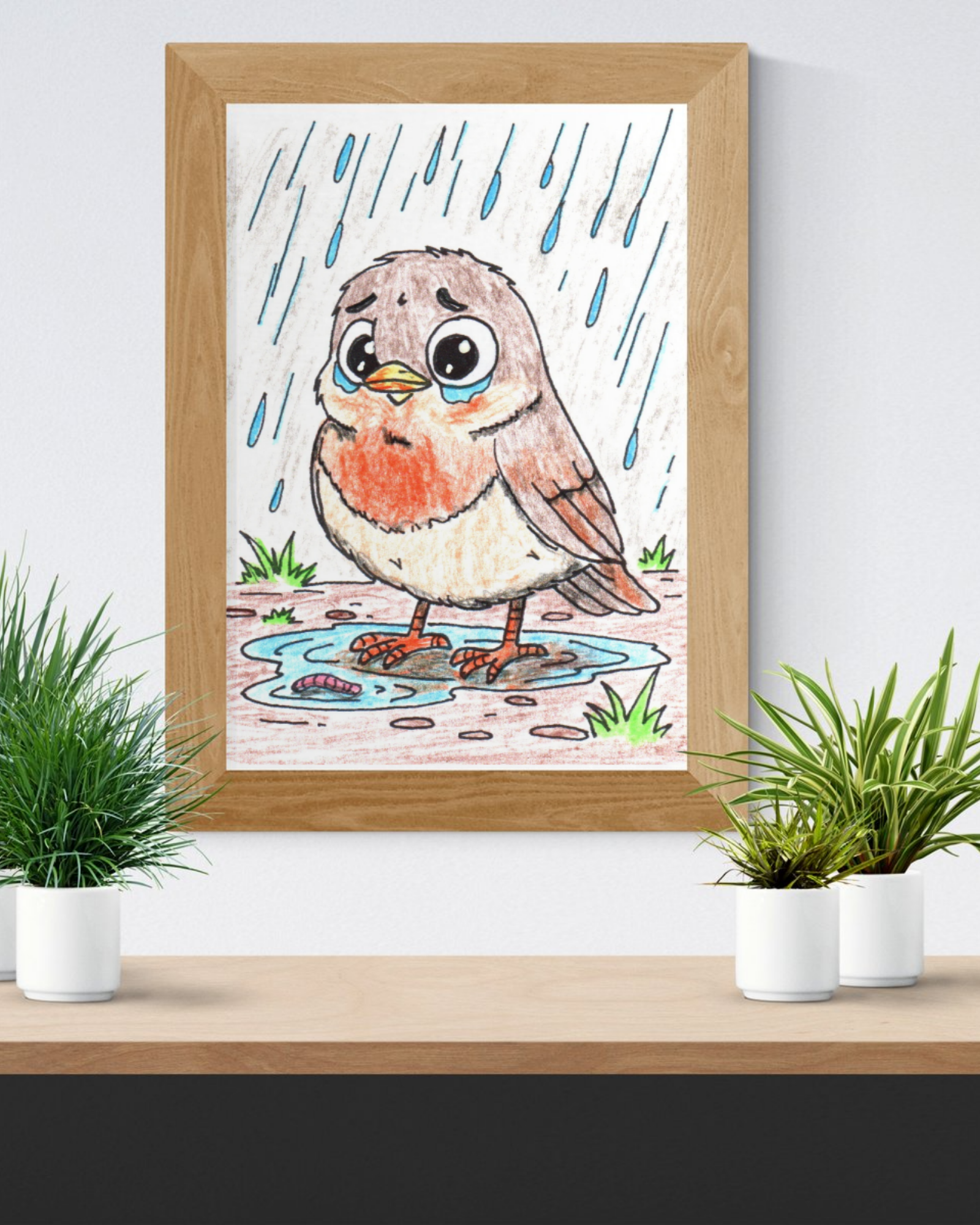 Robin in the Rain Print, Hand Drawn Bird Wall Art, Sad Robin Illustration, Woodland Bird Decor, Nature Nursery Art