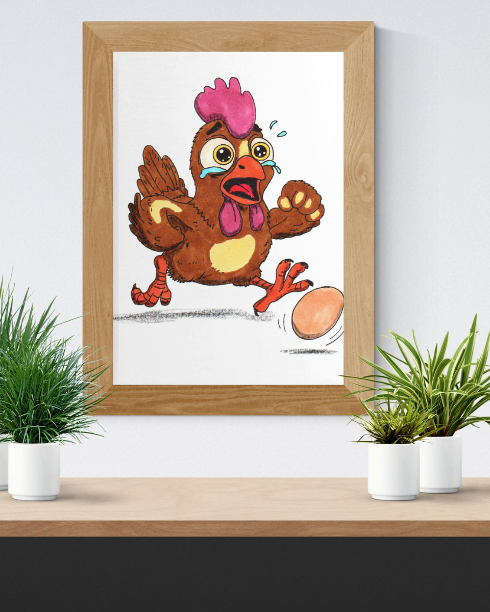 Rooster Lost the Egg Print, Funny Chicken Wall Art, Hand Drawn Farm Animal Illustration