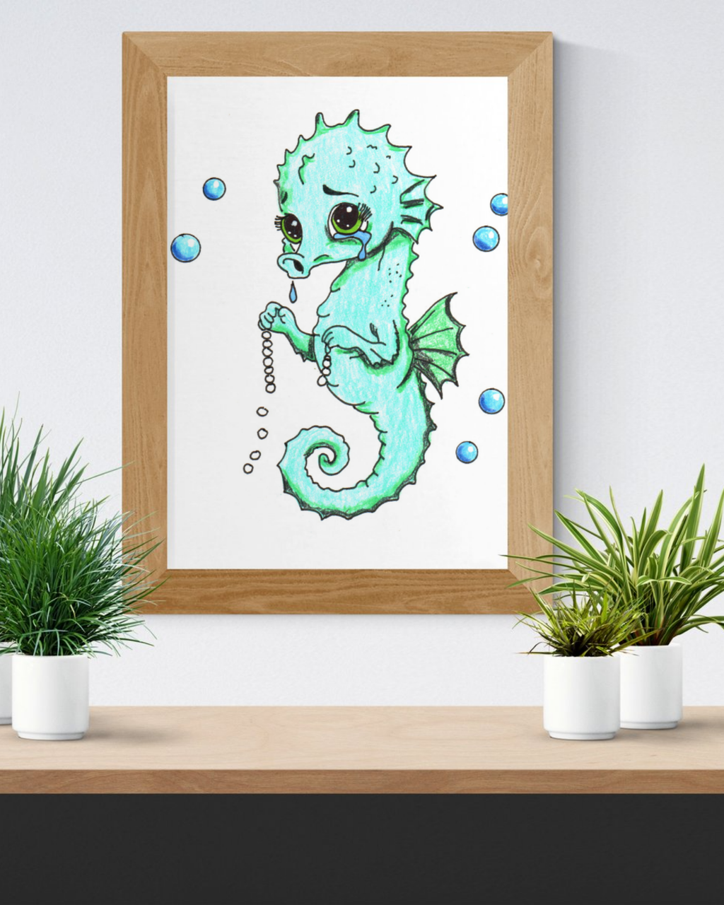 Lost Something Precious? Sad Seahorse Pearl Necklace Art Print | Cute Seahorse Gift