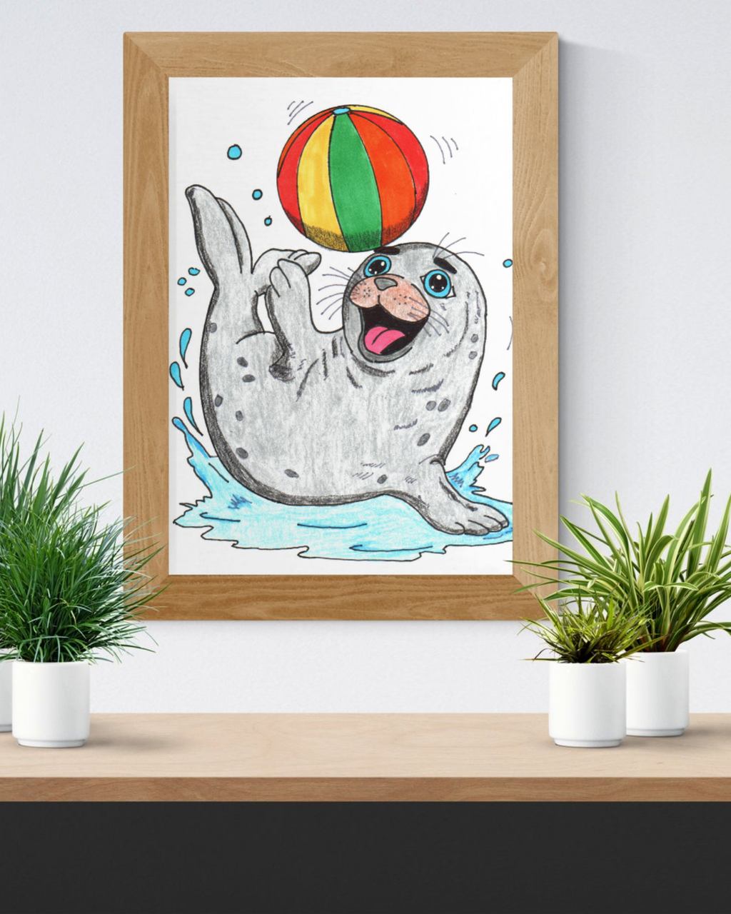 Seal Found Her Beach Ball Print | Hand Drawn Ocean Animal Wall Art | Happy Seal Illustration
