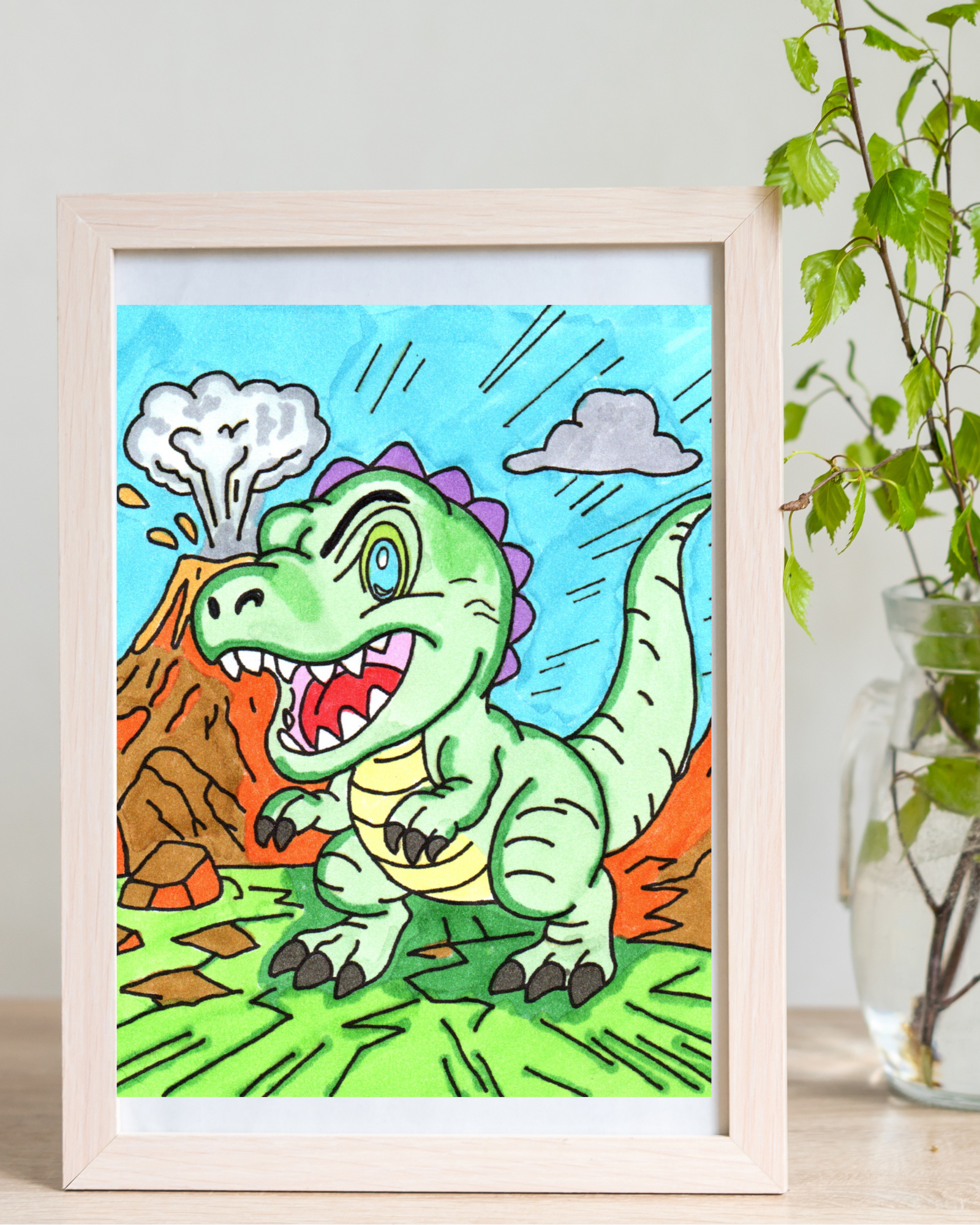 Cute T-Rex Volcano Print, Hand Drawn Dinosaur Wall Art, Dinosaur Nursery Decor, Kids Room Artwork, Colorful Dino Illustration