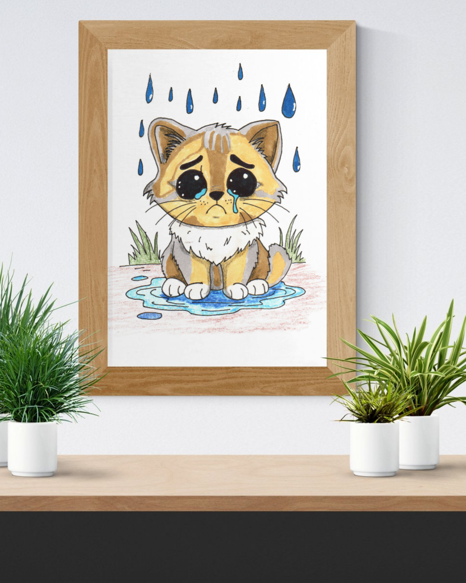 Sad Wet Calico Cat Print, Hand Drawn Kitten Wall Art, Rainy Day Cat Illustration, Nursery Decor, Animal Lover Gift