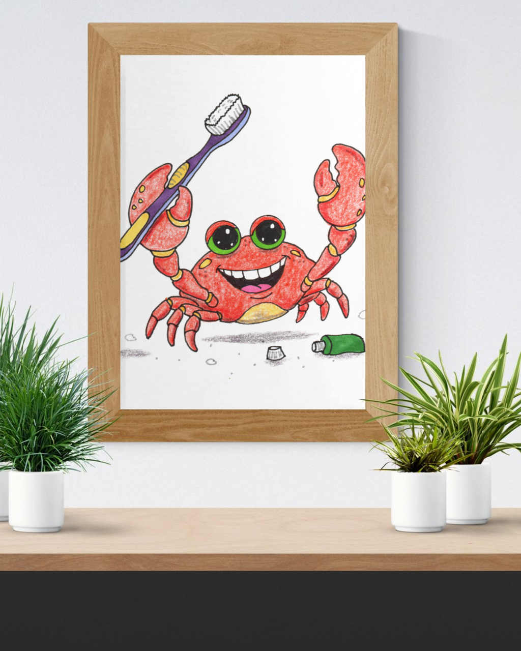 Happy Crab Found a New Toothbrush | Brave Little Critters Wall Art Print