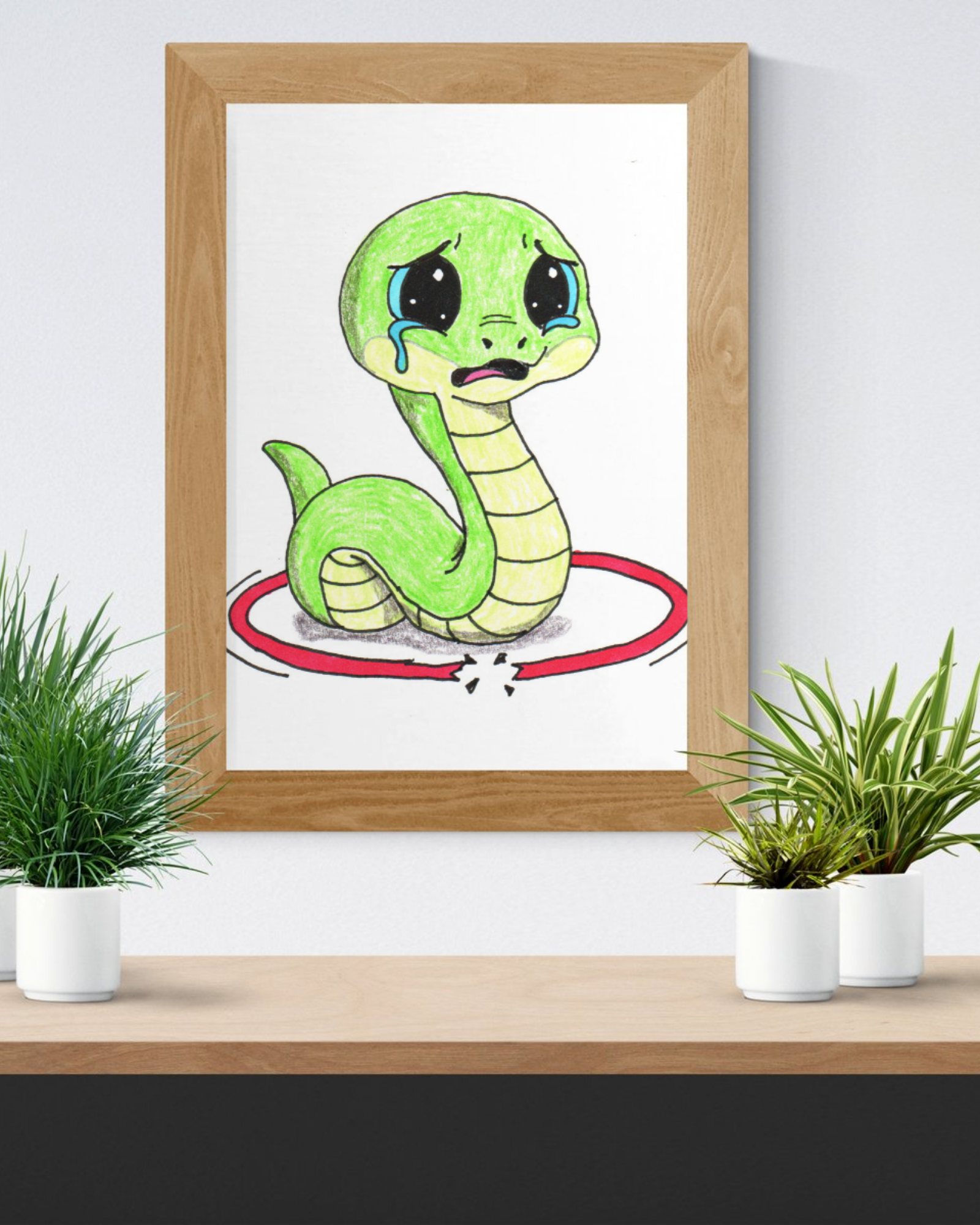 Snake Lost Her Hula Hoop | Hand Drawn Snake Art Print | Cute Sad Snake Wall Decor