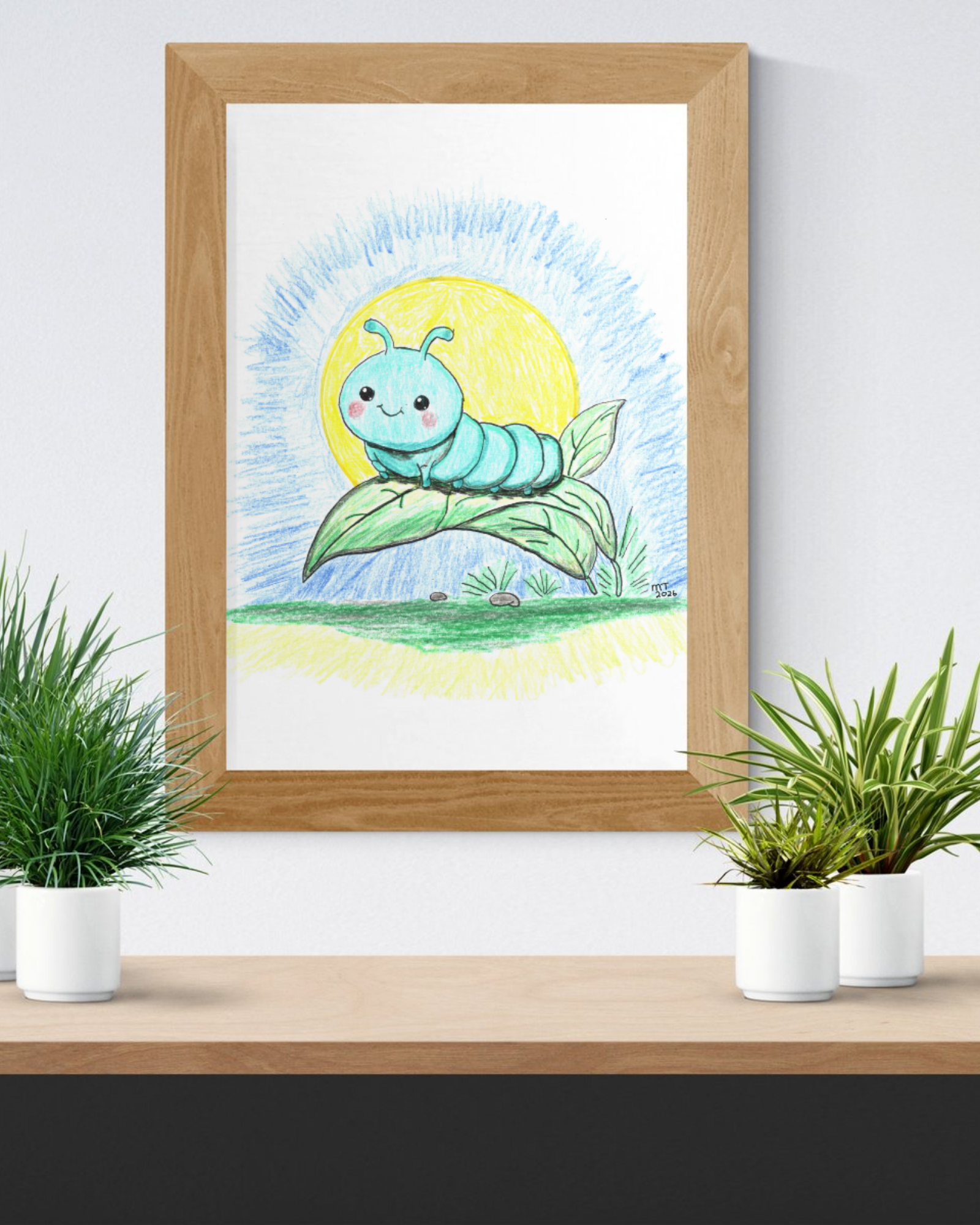 Bobbie the Smiling Inchworm Wall Art | Cute Caterpillar Nursery Print | Hand Drawn Garden Bug Art