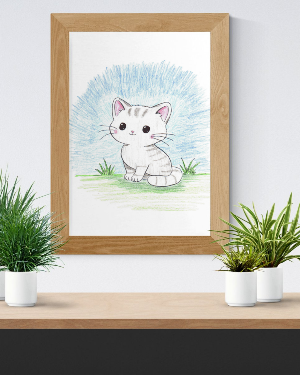 Cute Sitting Kitten Print, Hand Drawn Cat Wall Art, Nursery Decor, Whimsical Kitty Illustration