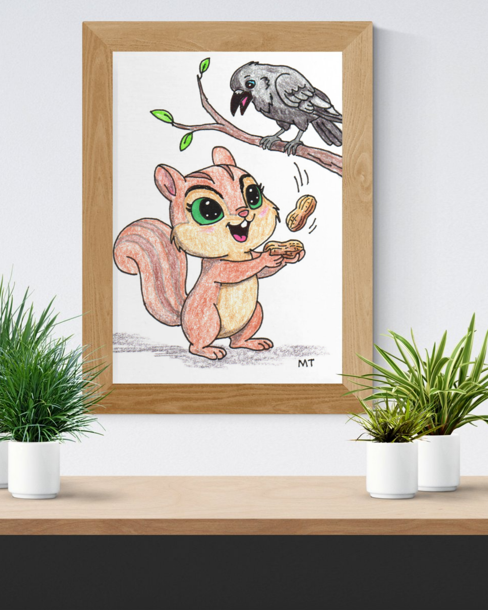 Happy Chipmunk and Crow Peanut Print | Woodland Animal Wall Art