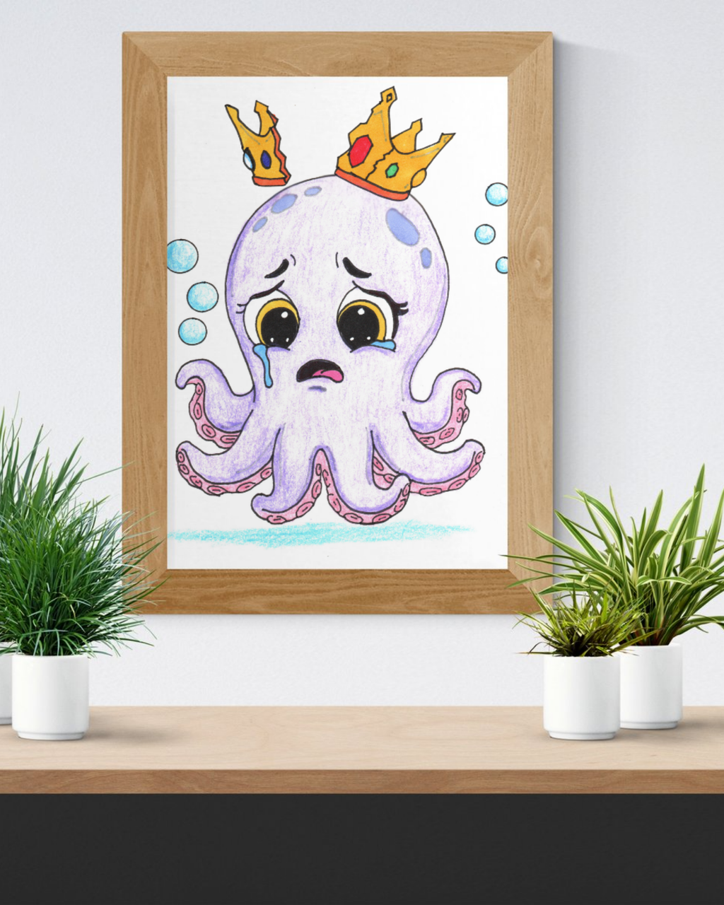 Sad Octopus Wall Art Print, Lost Her Crown, Cute Purple Octopus