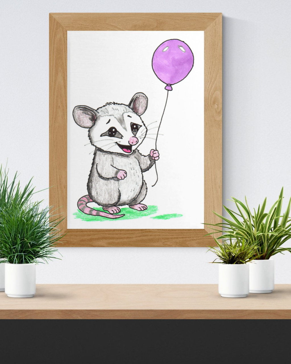 Opossum Found a Balloon Print | Hand Drawn Woodland Animal Wall Art