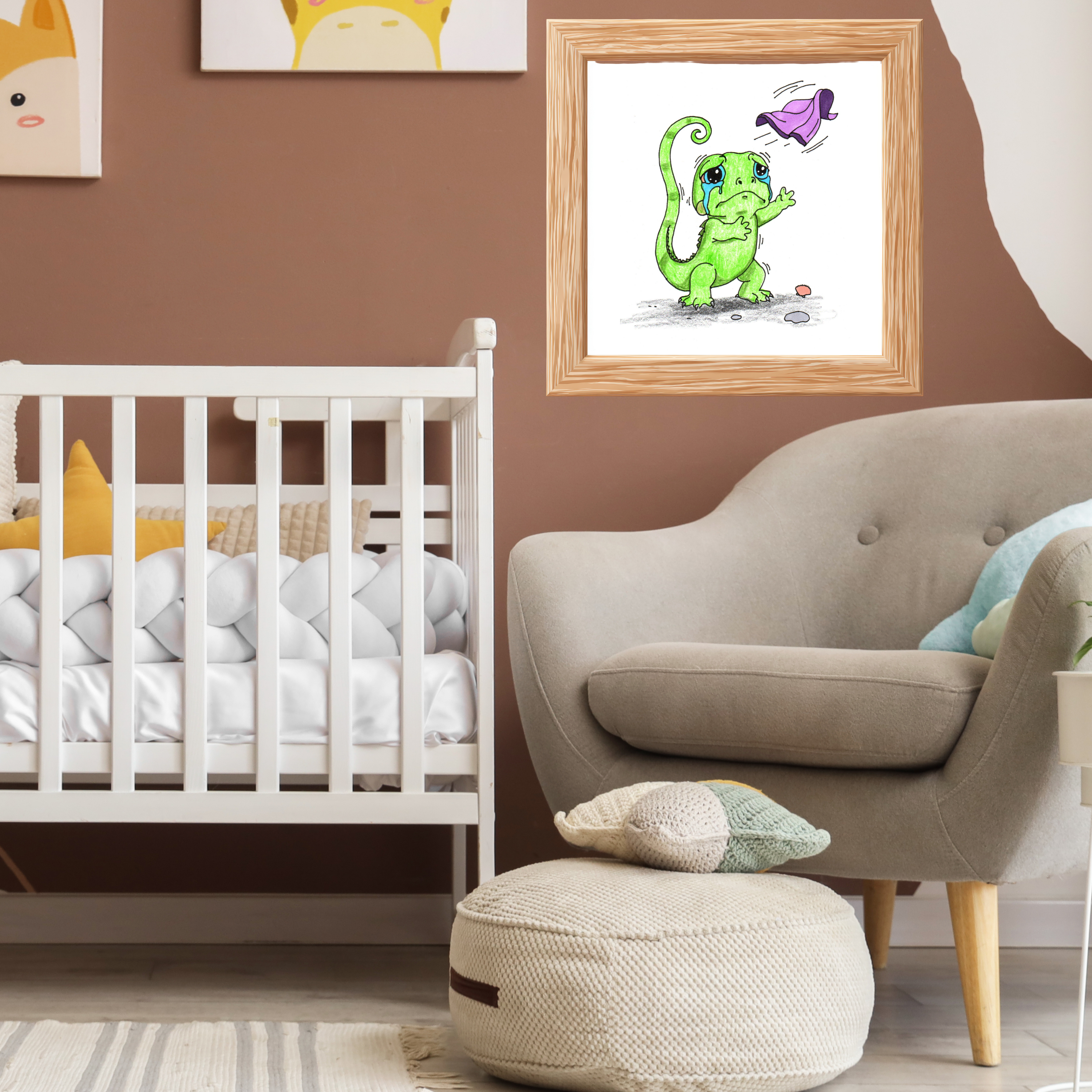 Sad Lizard Blanket Story Print, Hand Drawn Nursery Wall Art