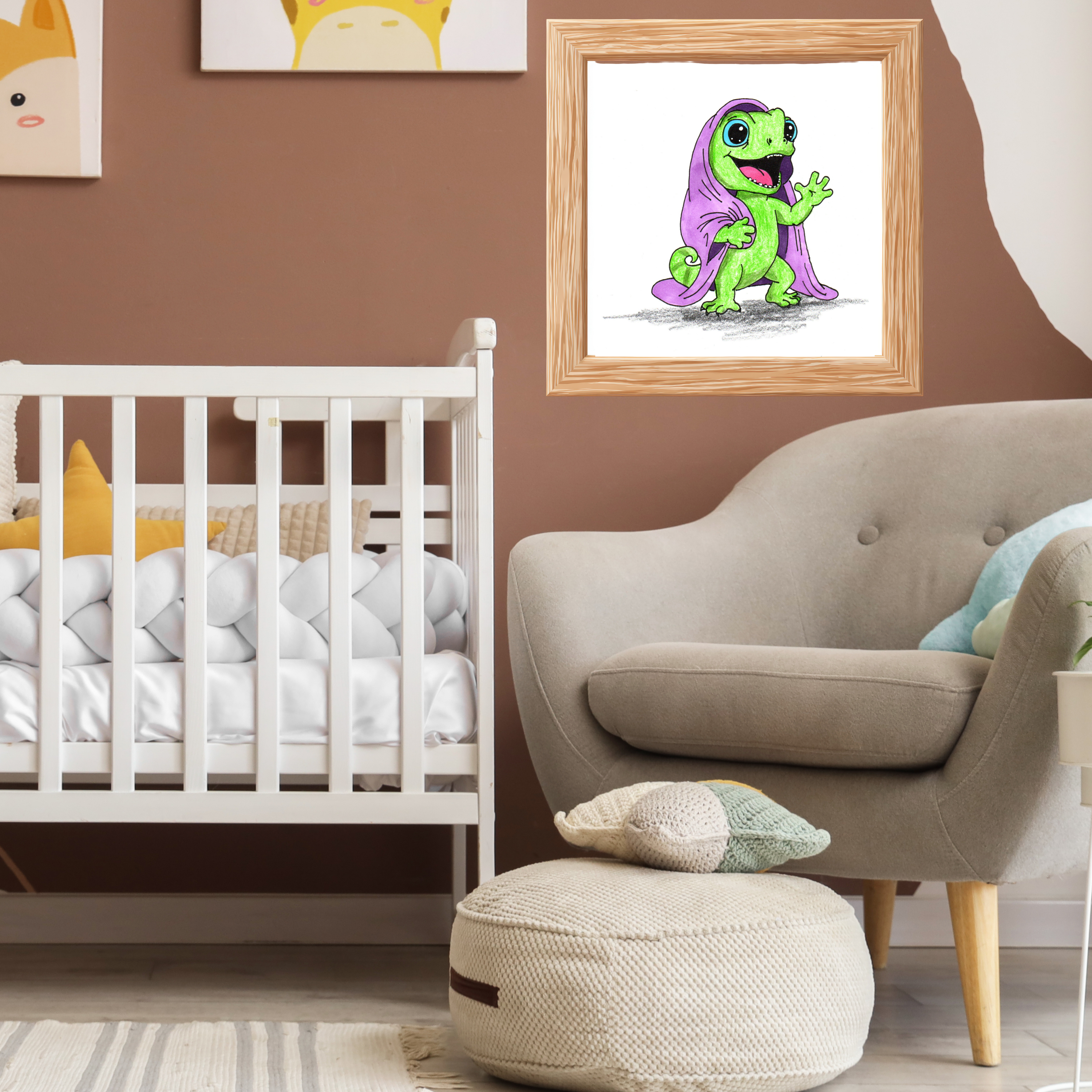 Happy Lizard Blanket Story Print, Hand Drawn Nursery Wall Art