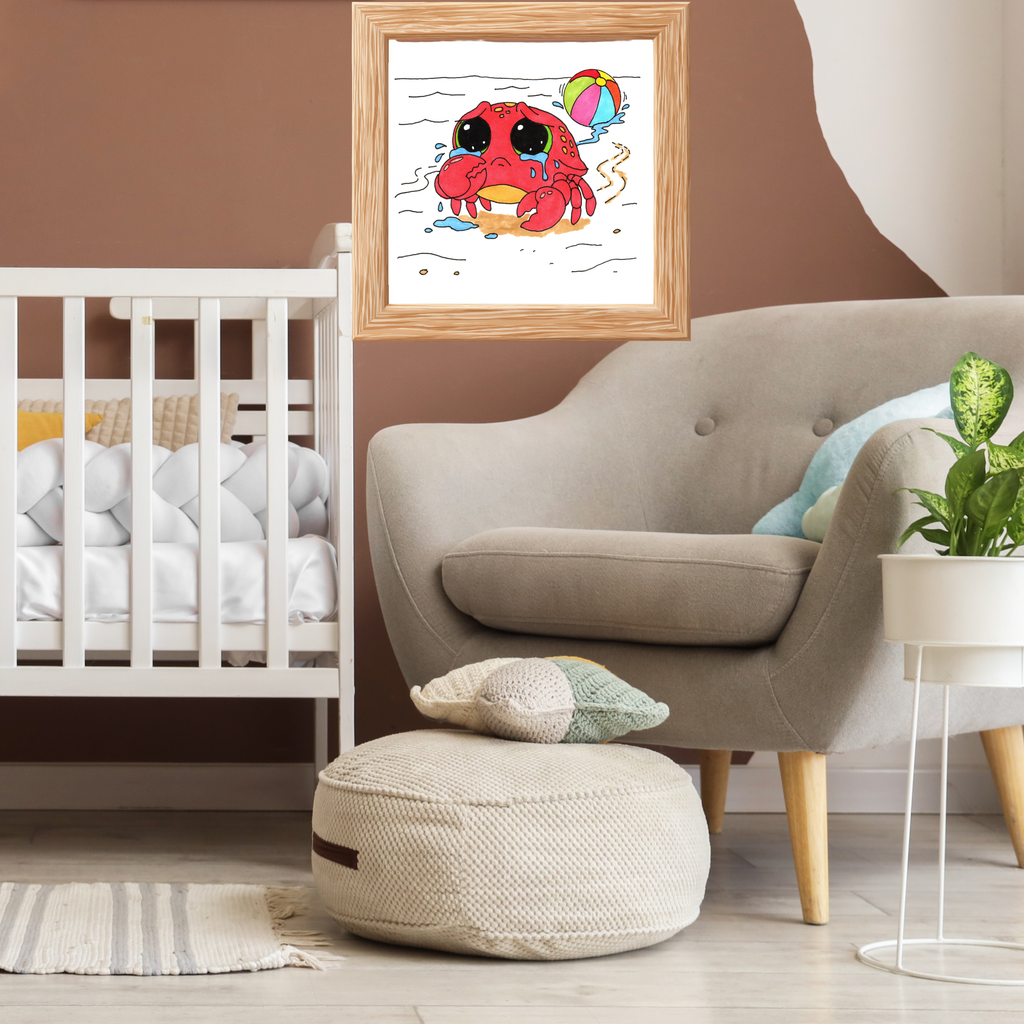 Crab - Sad Crab Lost Her Ball Print, Hand Drawn Crab Wall Art, Whimsical Nursery Decor, Woodland Animal Illustration