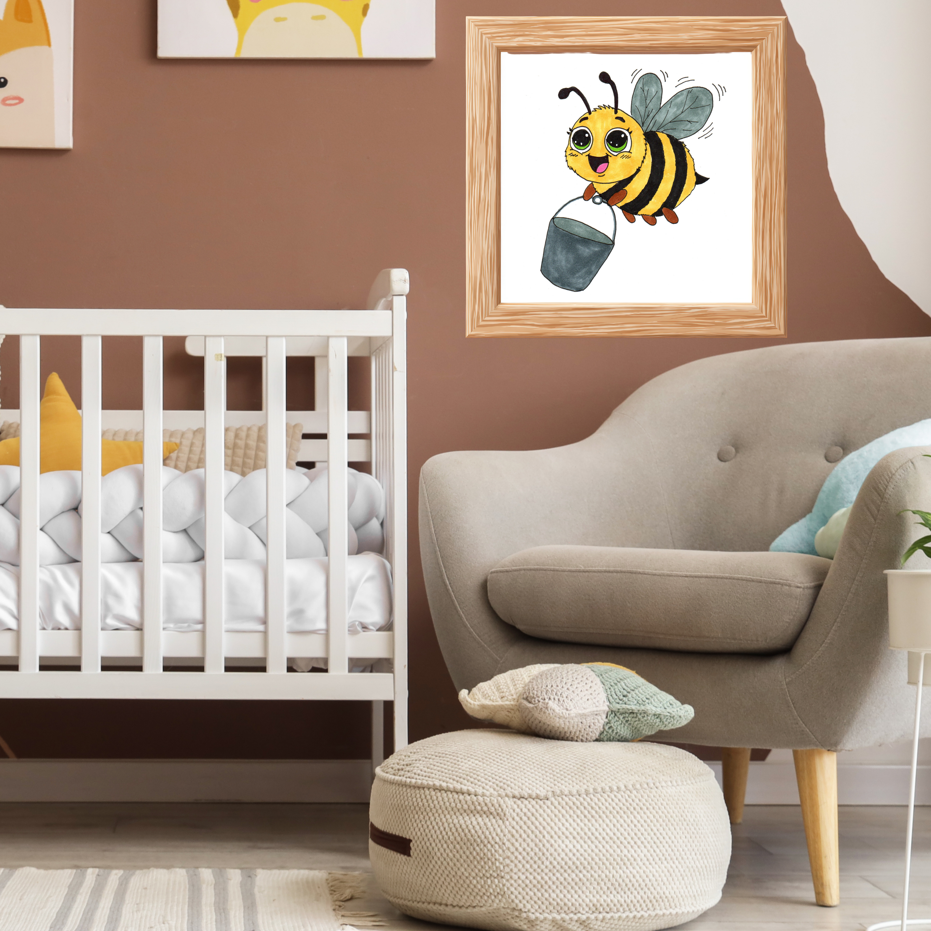 Bee Found Her Bucket Print, Hand Drawn Bee Illustration, Whimsical Insect Decor, Nursery Art, Lost and Found Critters