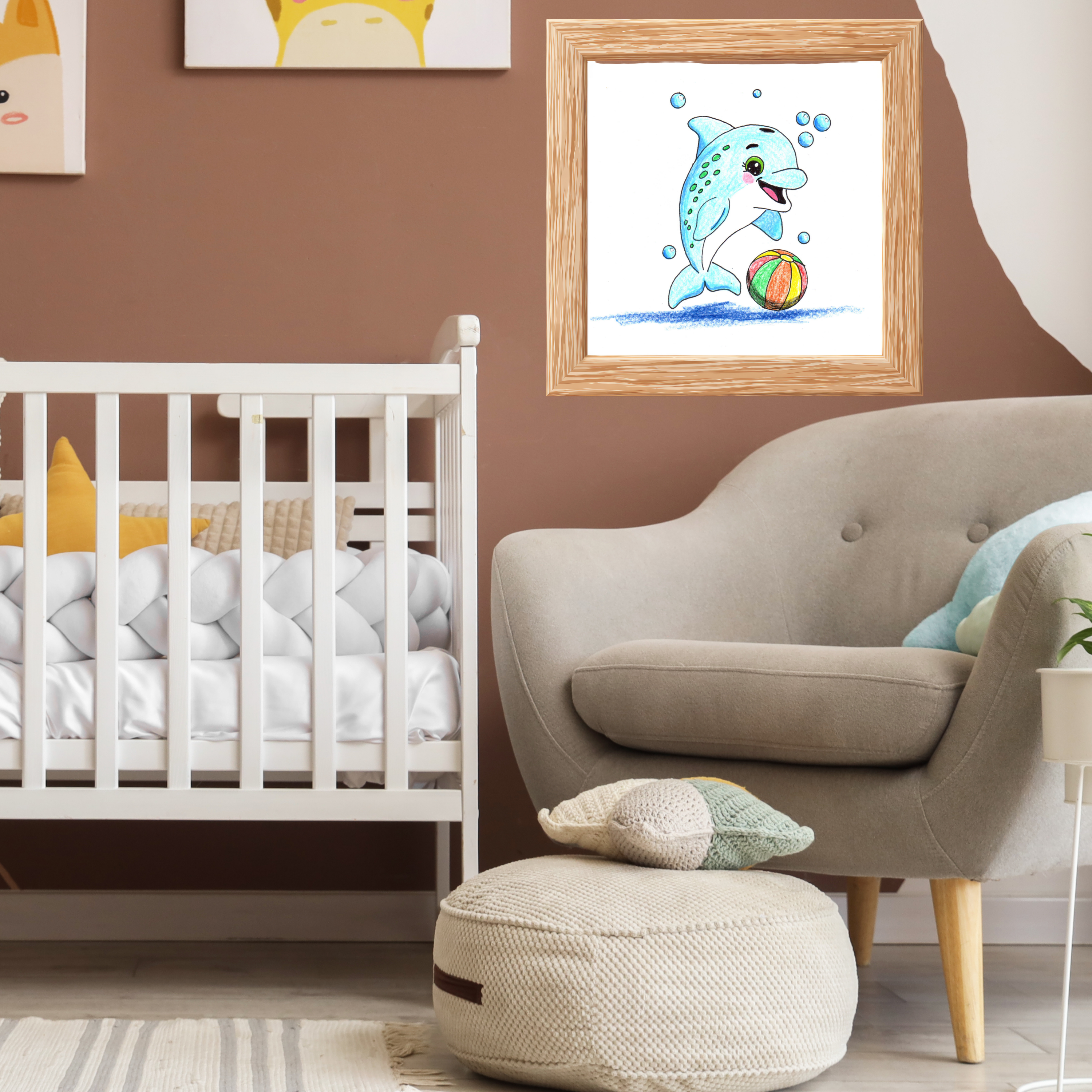 Happy Dolphin Found Her Beach Ball Print, Hand Drawn Dolphin Wall Art