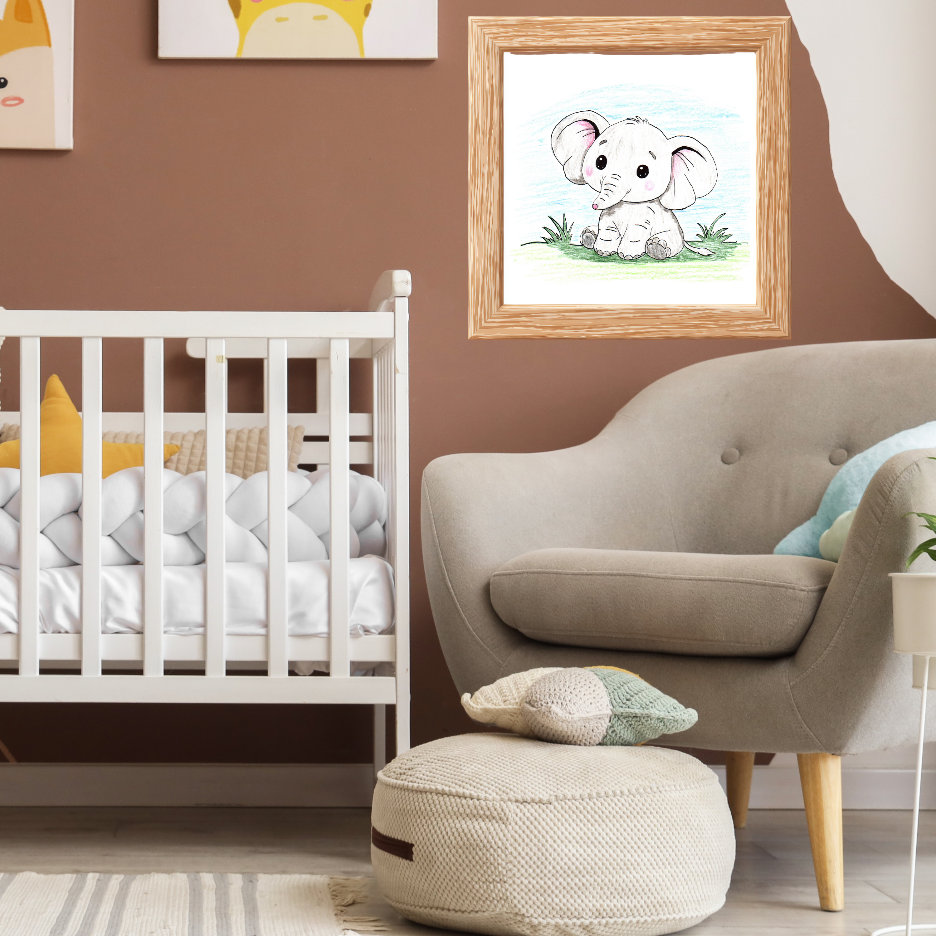 Elephant Sitting on the Grass Print, Cute Elephant Wall Art, Hand Drawn Nursery Decor