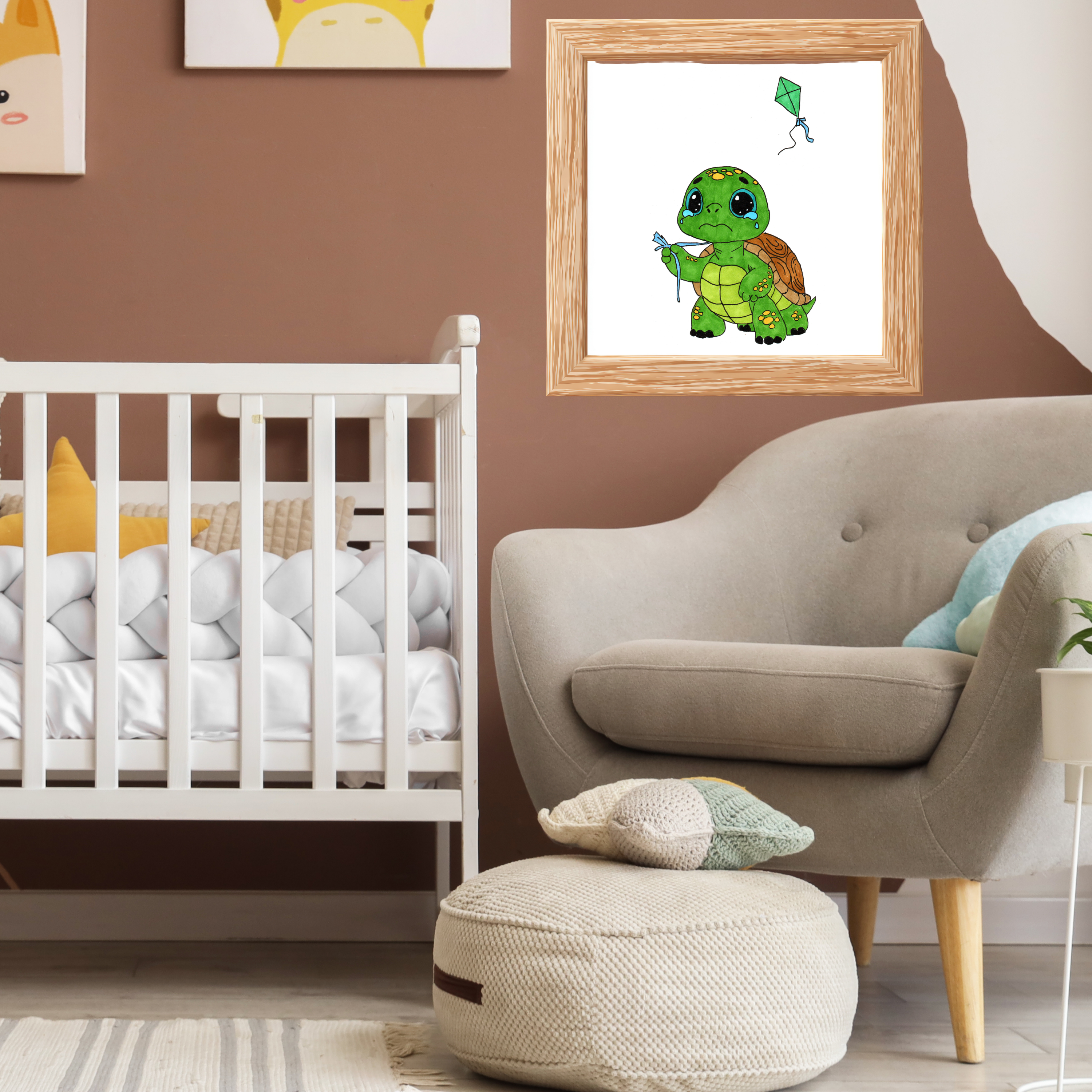 Sad Turtle Lost Her Kite Print, Hand Drawn Turtle Wall Art, Whimsical Nursery Decor, Woodland Animal Illustration