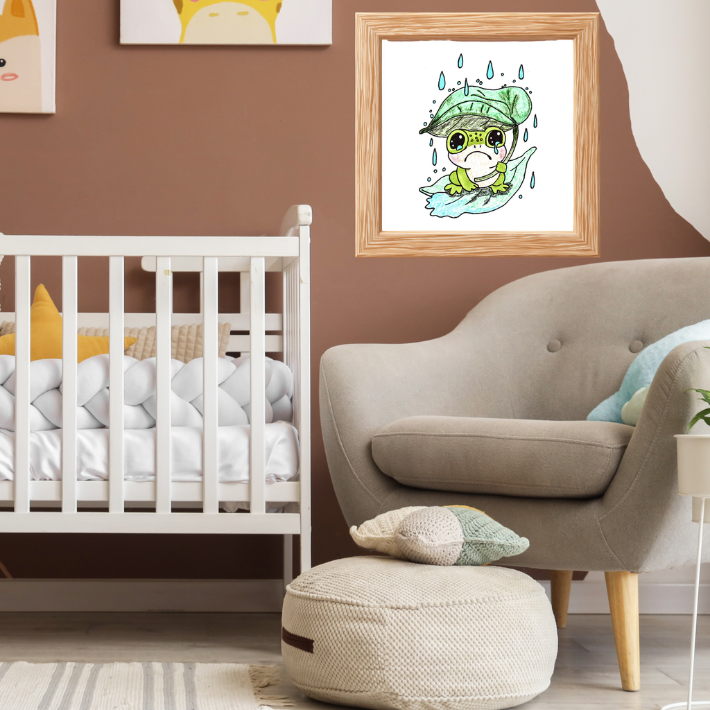 Sad Frog with Leaf Umbrella Print, Hand Drawn Frog Wall Art, Rainy Day Nursery Decor, Whimsical Frog Illustration