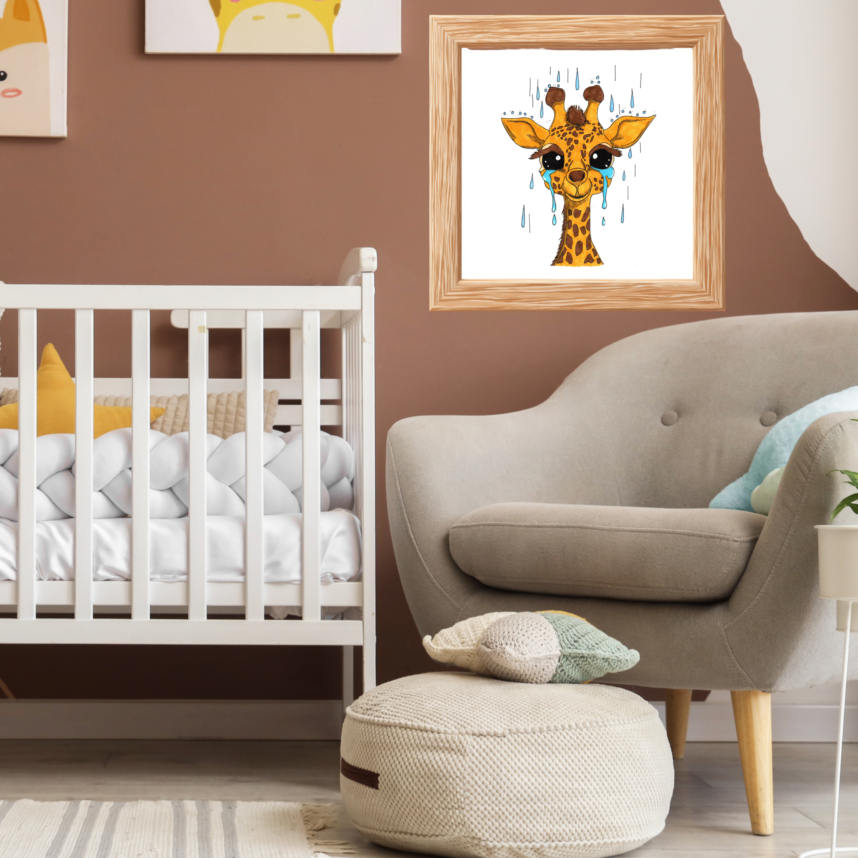 Sad Giraffe in the Rain Poster, Nursery Wall Art, Cute Animal Illustration Print
