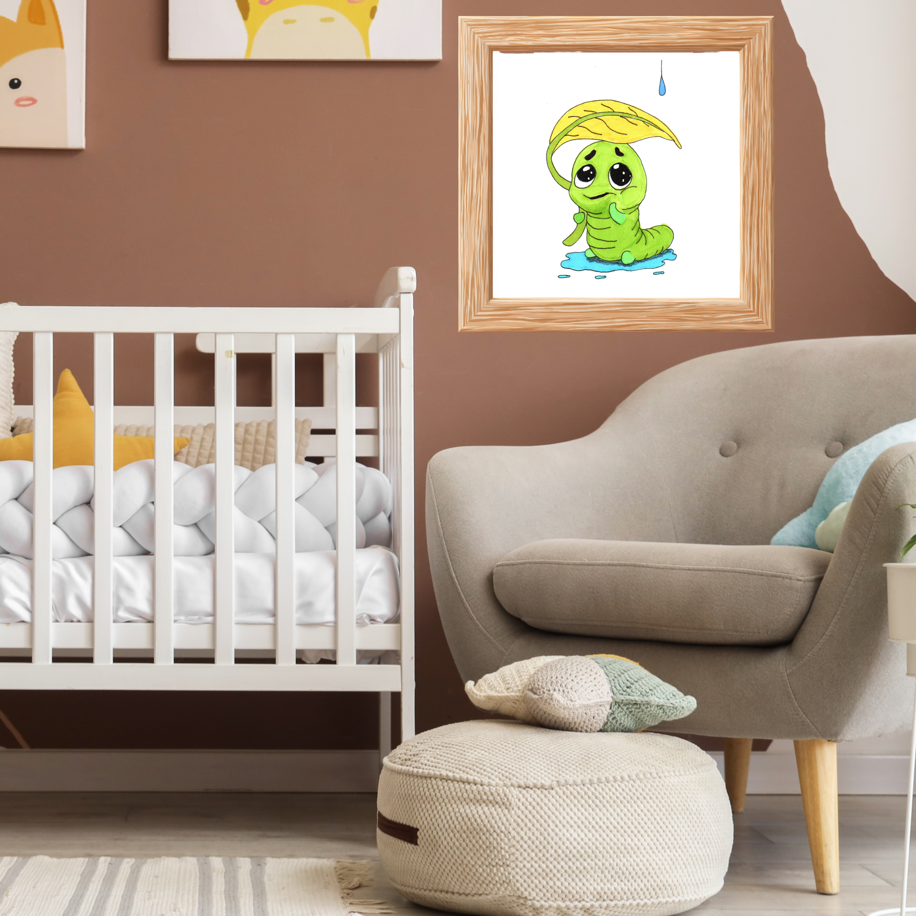 Leaf Umbrella Inchworm Pondering Print, Hand Drawn Rain Critter Art,