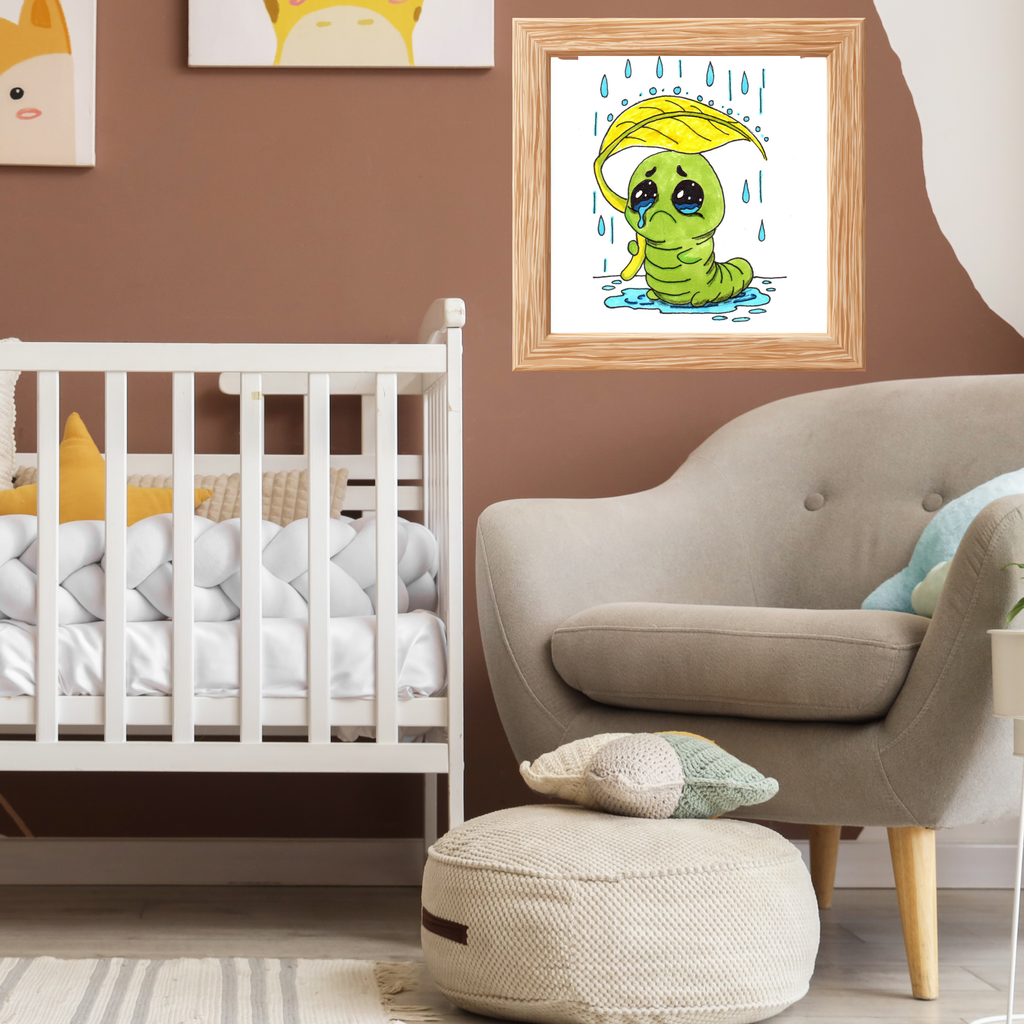 Sad Inchworm Rain Print, Hand Drawn Caterpillar Nursery Wall Art