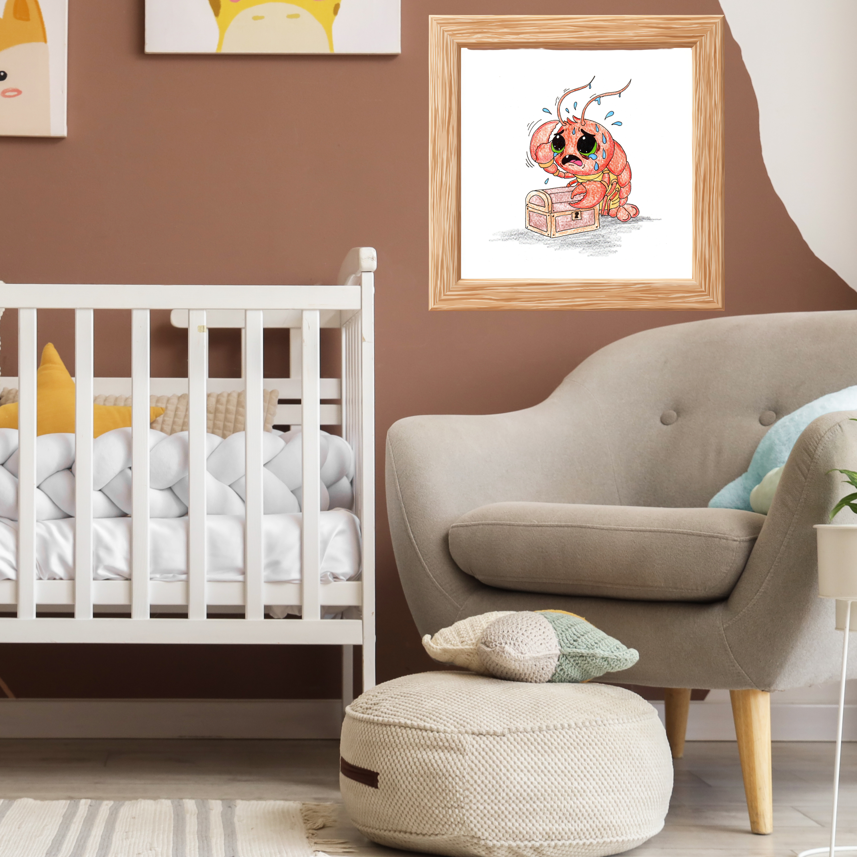 Lobster Lost Her Treasure Key Print, Hand Drawn Nursery Wall Art, Cute Ocean Critter Illustration, Lost & Found Critters Decor
