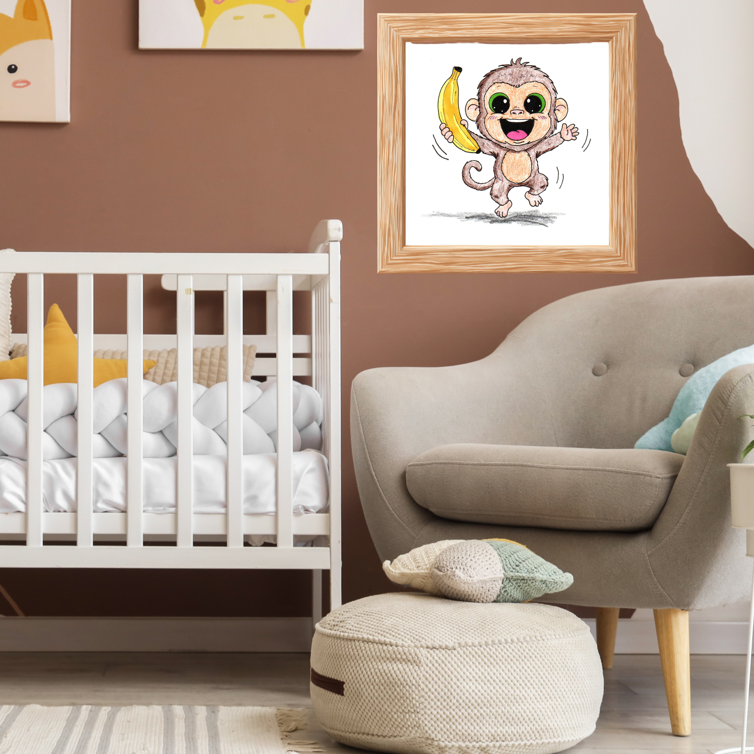 Happy Monkey With Banana Print | Cute Monkey Wall Art | Lost & Found Critter Illustration